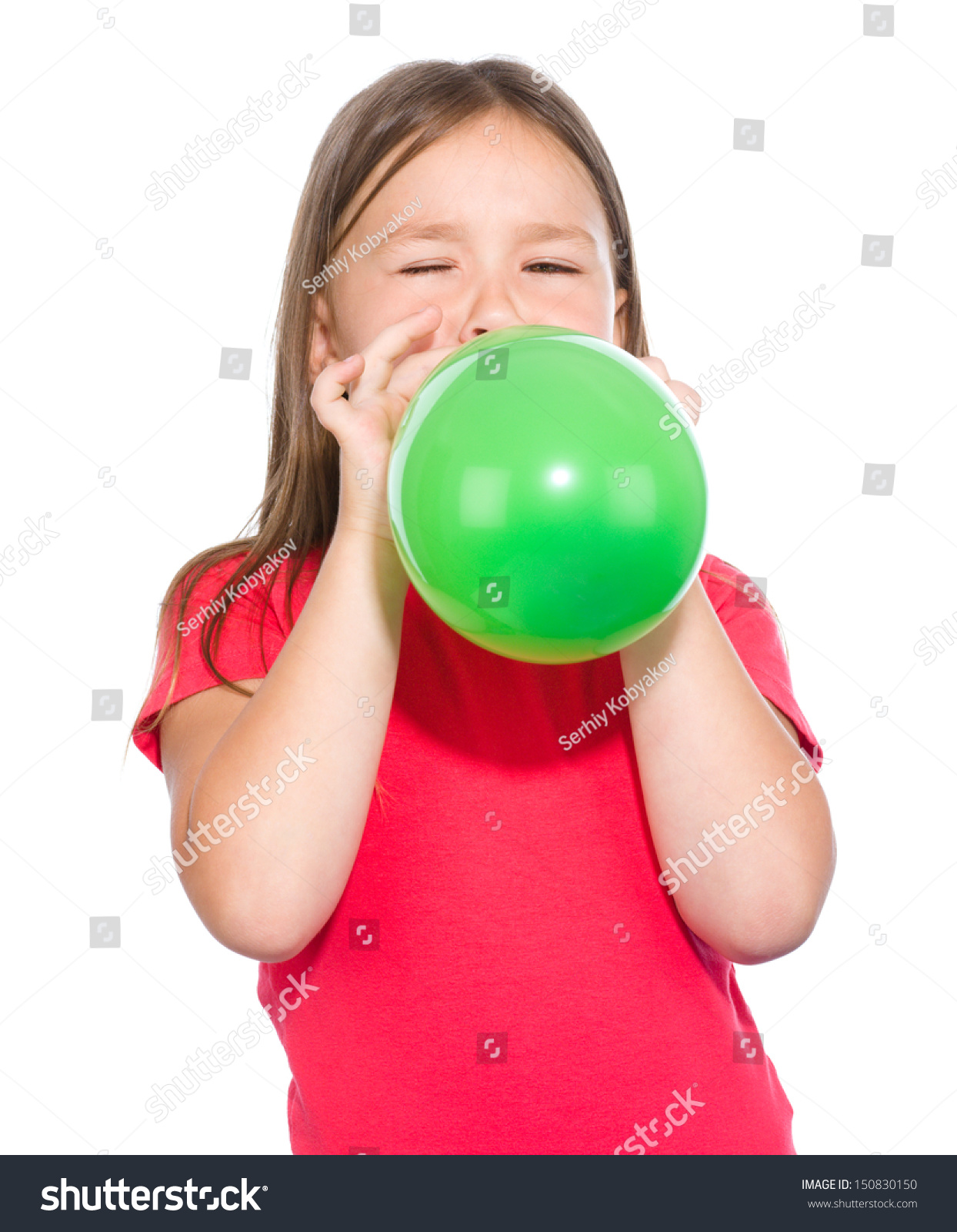 Little Girl Inflating Green Balloon Isolated Stock Photo 150830150 ...