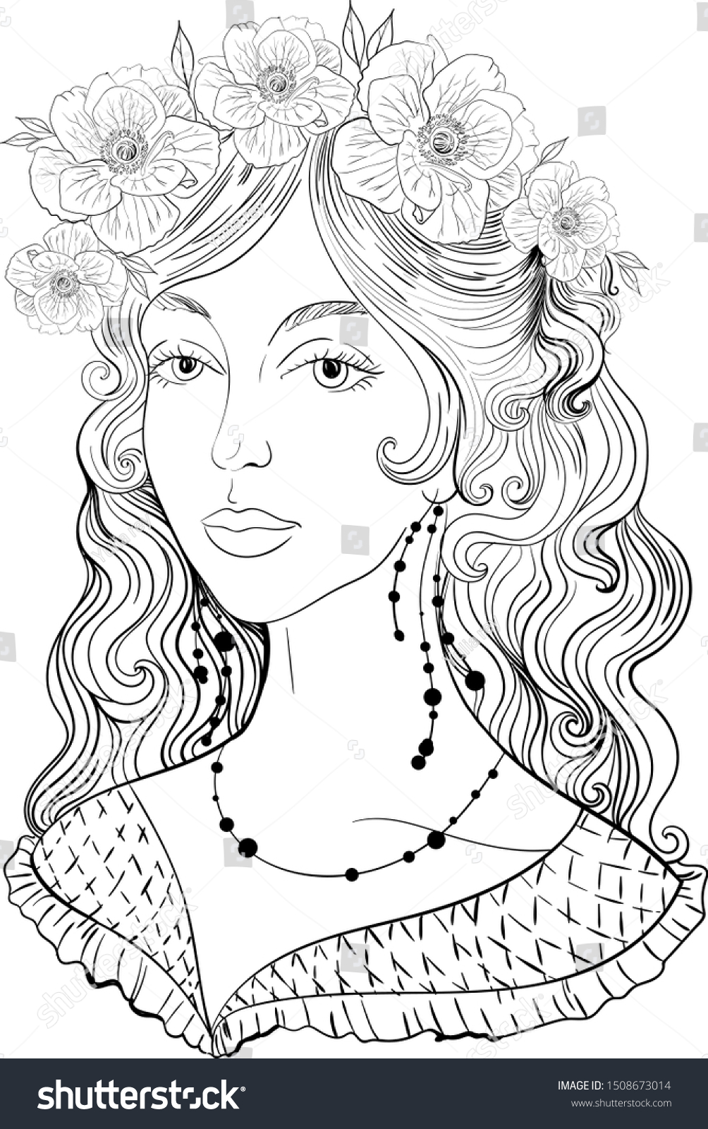 Handpainted Coloring Page Beautiful Girl Wreath Stock Vector (royalty 