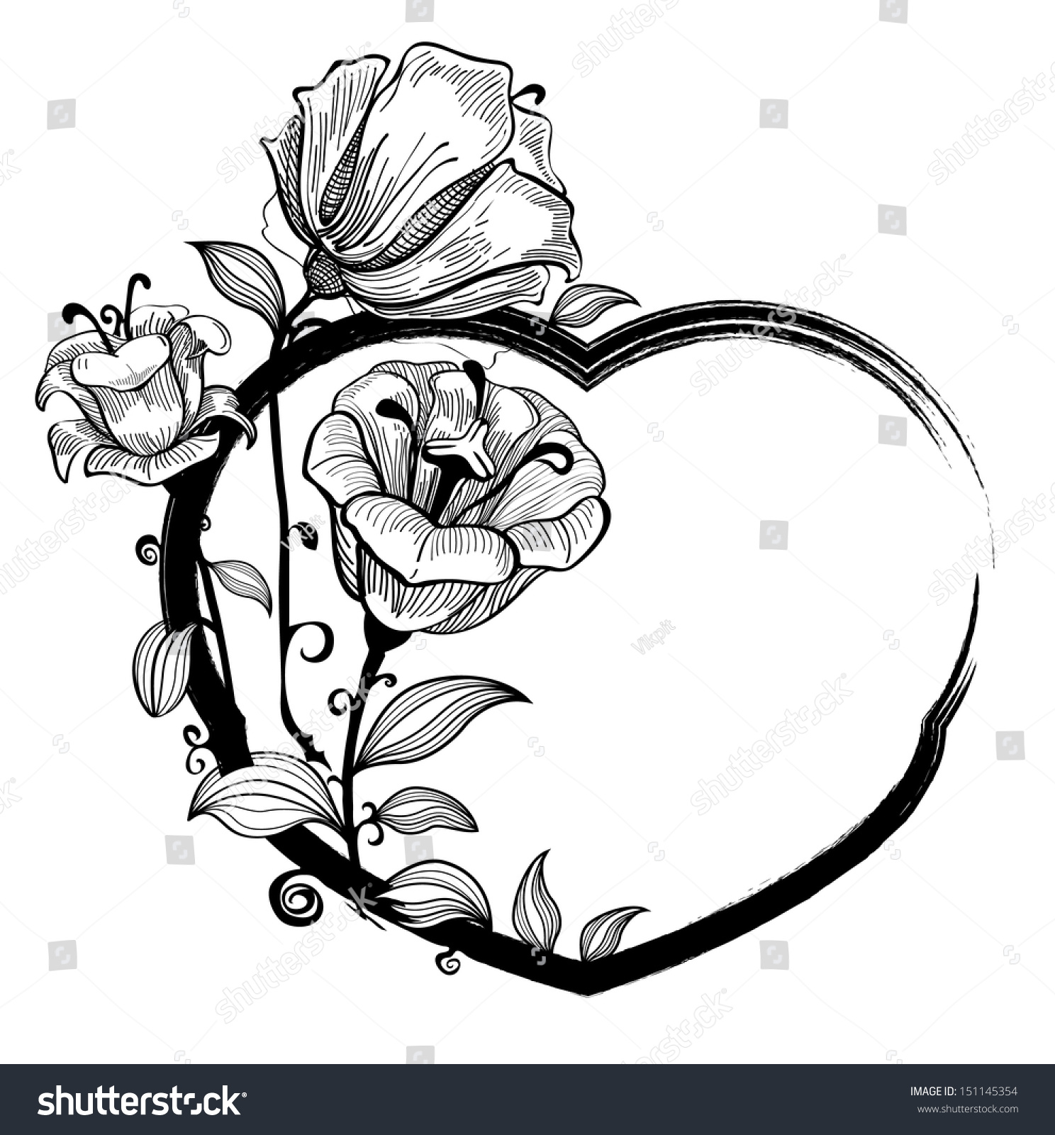 Bouquet Flowers Form Heart Lineart Design Stock Vector (Royalty Free ...