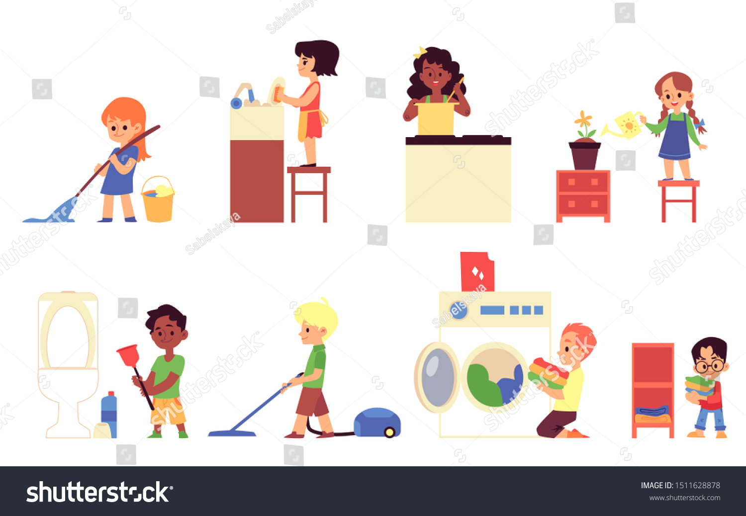 Cartoon Children Doing Household Chores Washing Stock Vector (royalty 