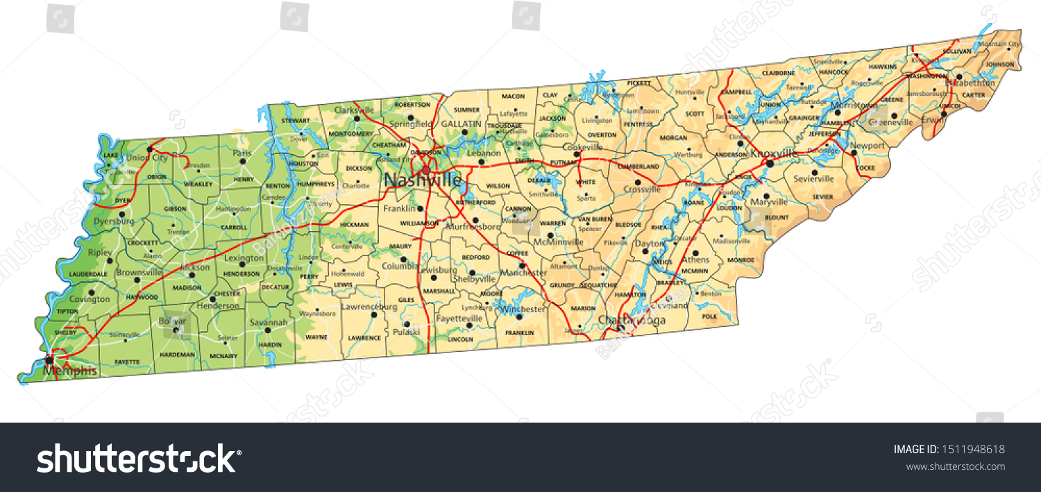 High Detailed Tennessee Physical Map Labeling Stock Vector (Royalty ...
