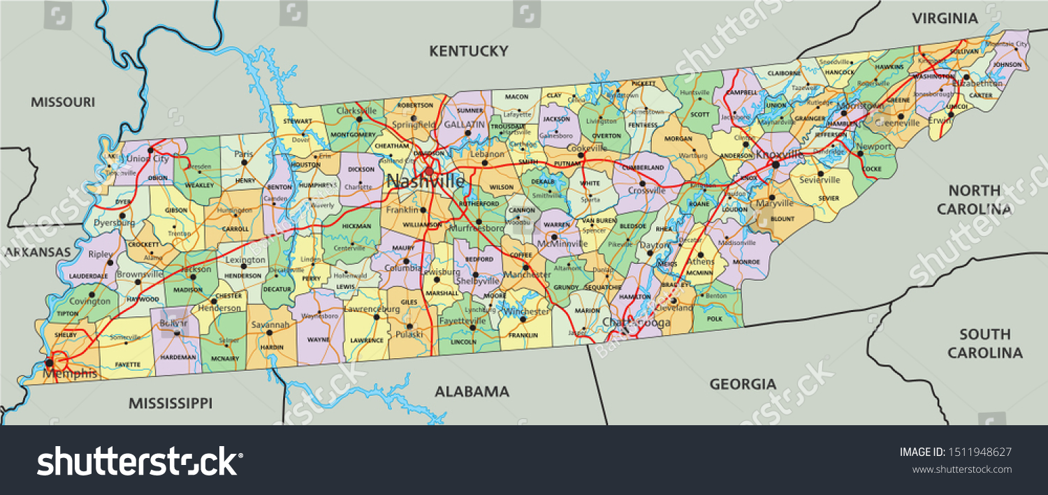 Tennessee Highly Detailed Editable Political Map Stock Vector (Royalty ...