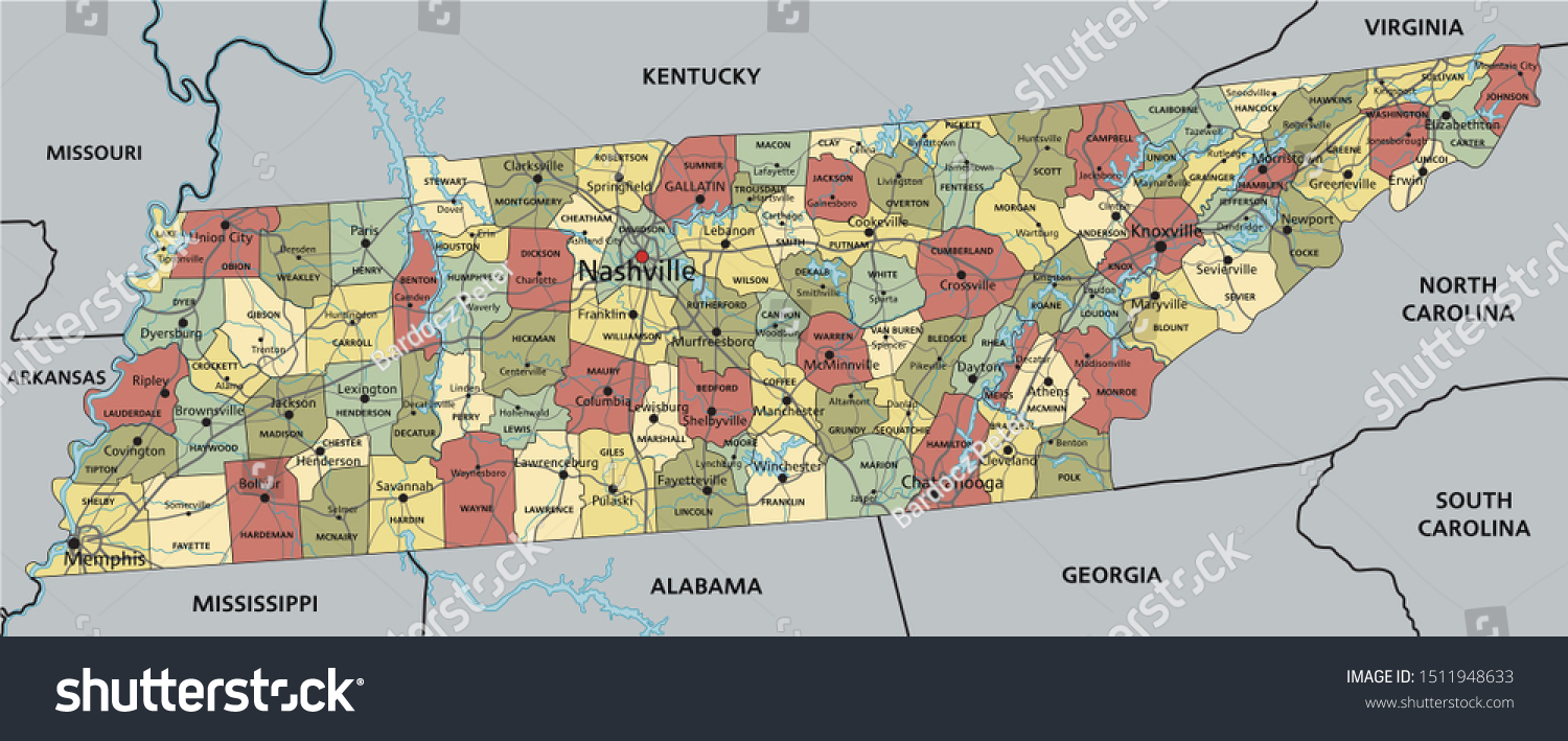 Tennessee Highly Detailed Editable Political Map Stock Vector (Royalty ...