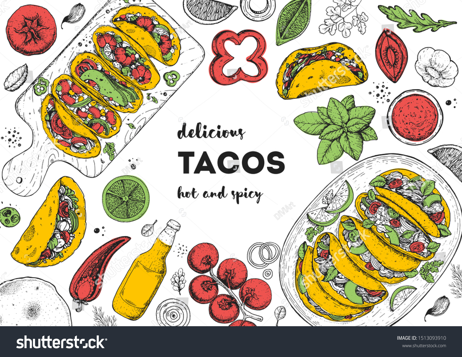 Tacos Cooking Ingredients Tacos Sketch Illustration Stock Vector ...