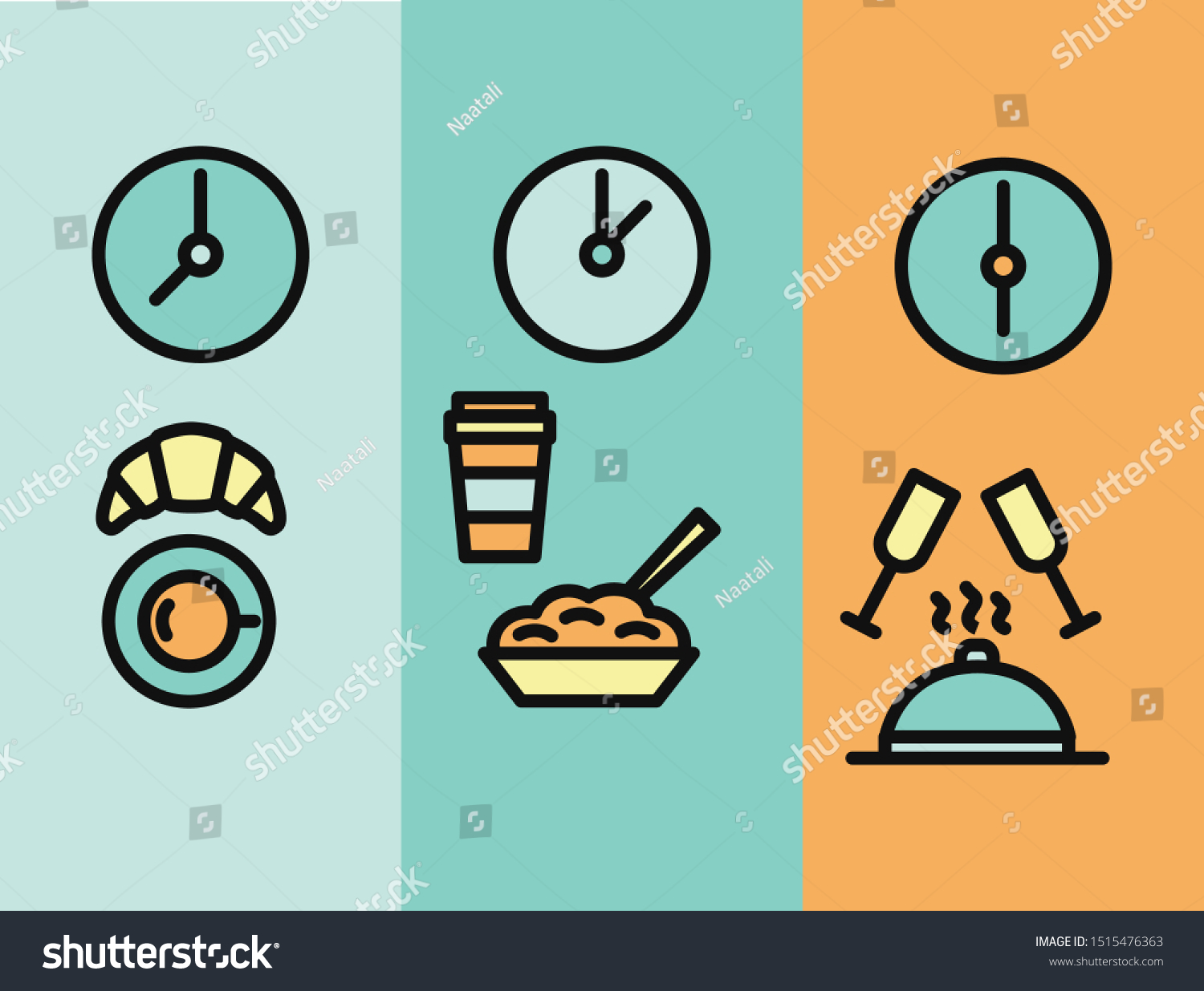 Vector Illustration Of Meal Time: Breakfast, Lunch, Dinner Clock And