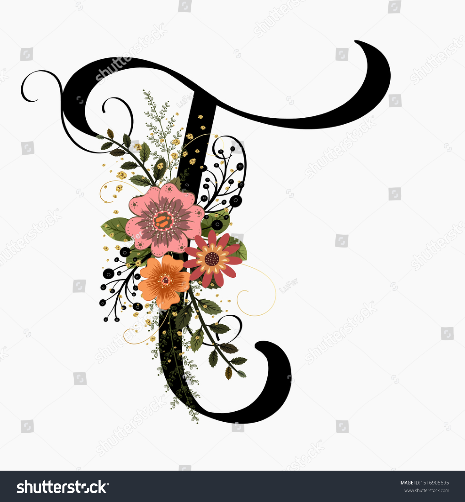 Flower Font Alphabet Letter T Flowers Stock Vector (Royalty Free ...