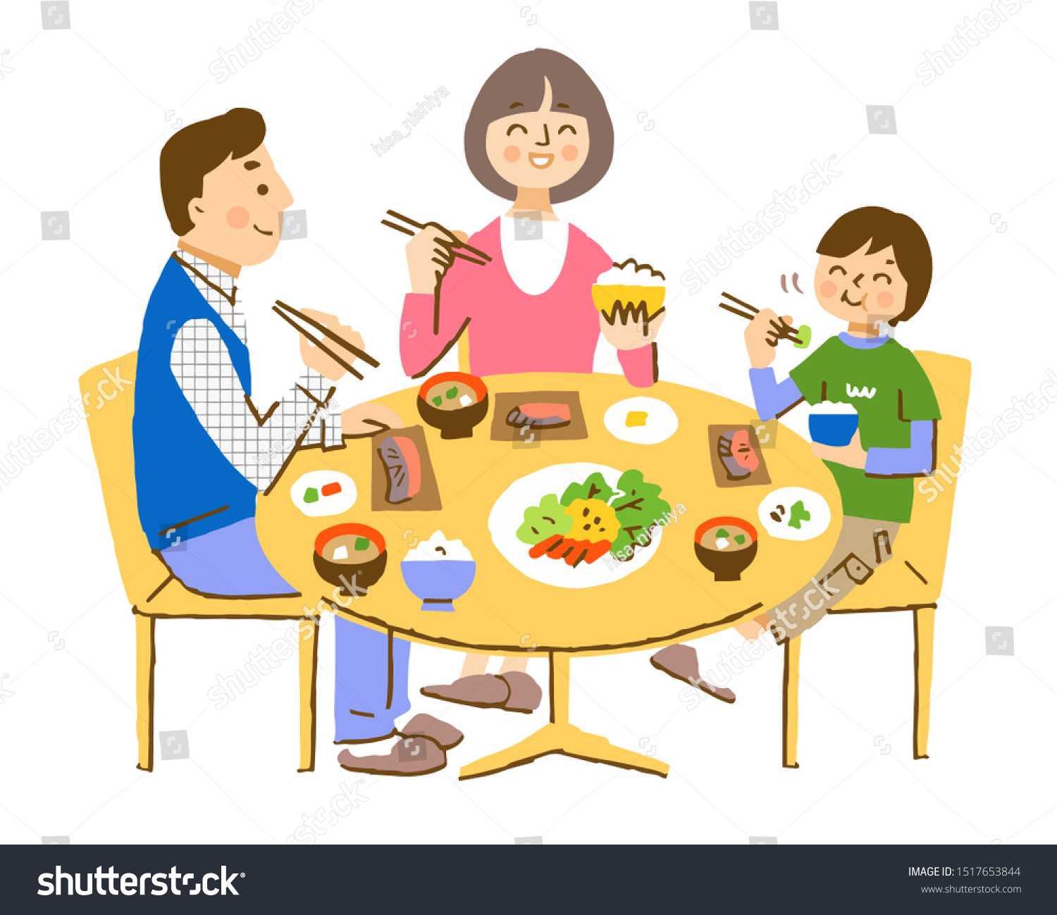 Family Three Eating Japanese Food Smile Stock Illustration 1517653844 ...