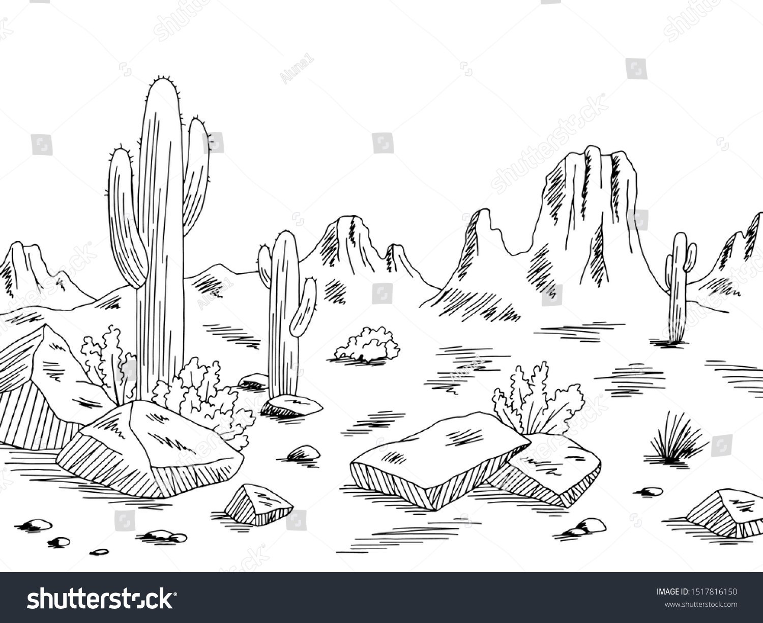 Prairie Graphic Black White Desert Landscape Stock Vector (Royalty Free ...