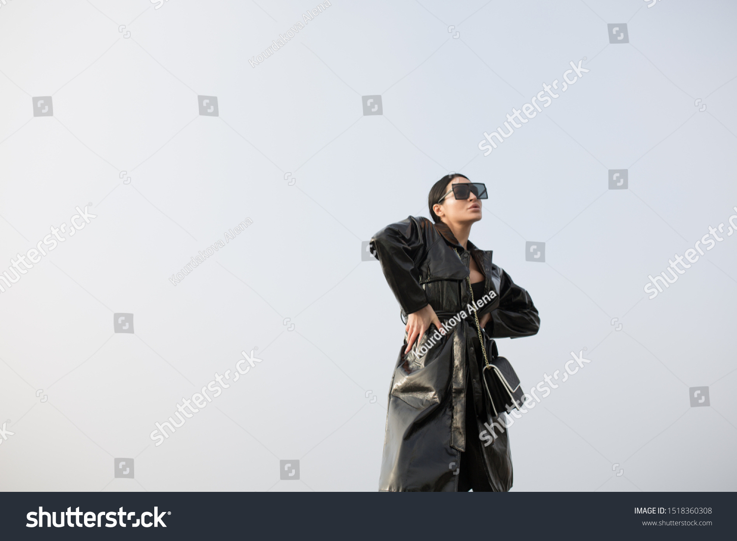 Portrait Woman Leather Black Cloak Against Stock Photo 1518360308