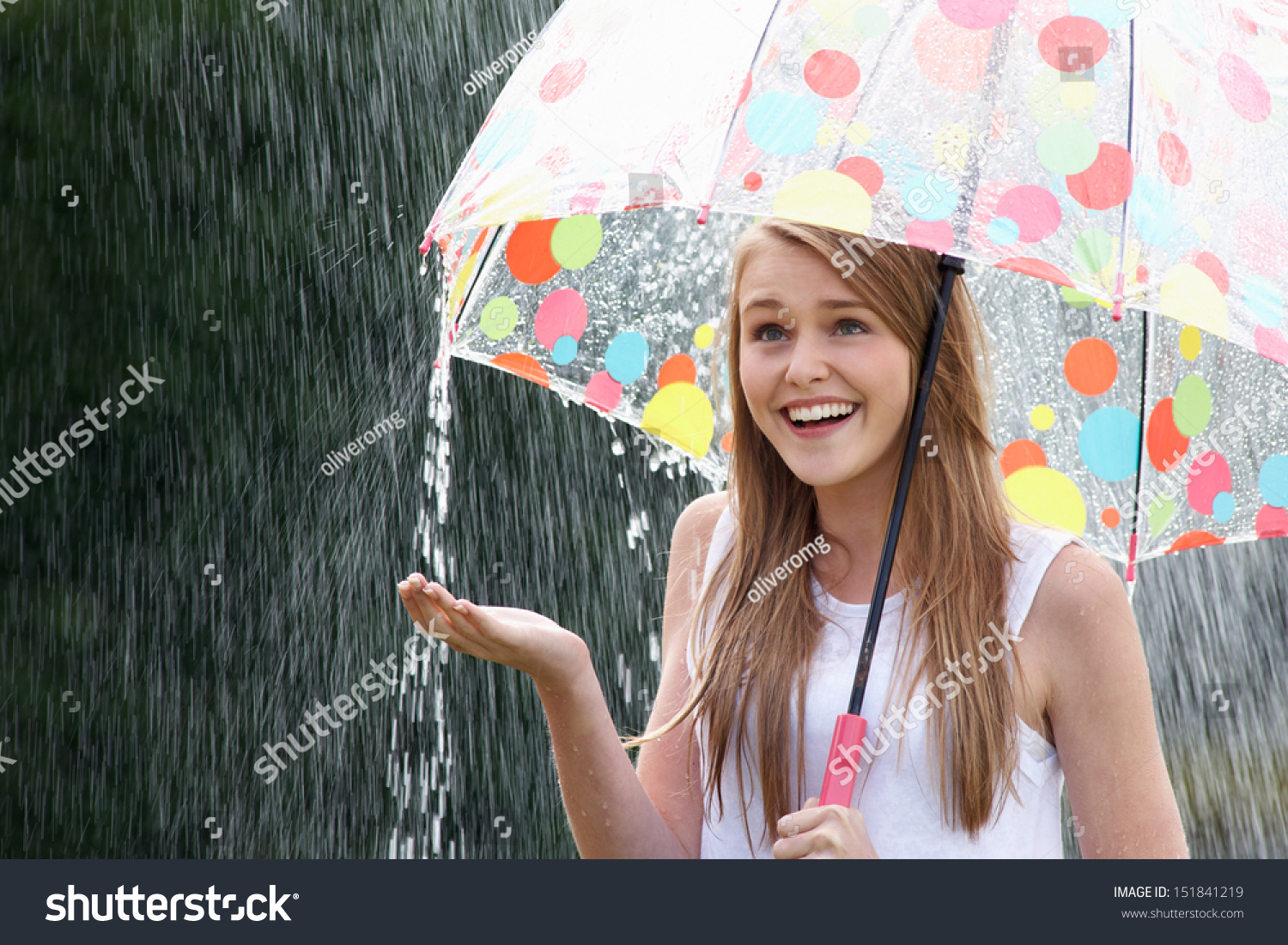 Teenage Girl Sheltering From Rain Beneath Umbrella Background And