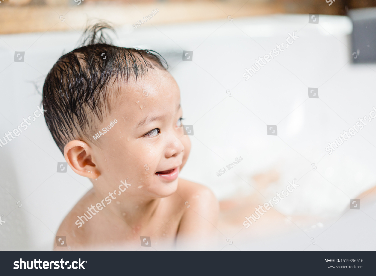 Happy Toddler Asian Boy Sitting Jacuzzi Stock Photo 1519396616