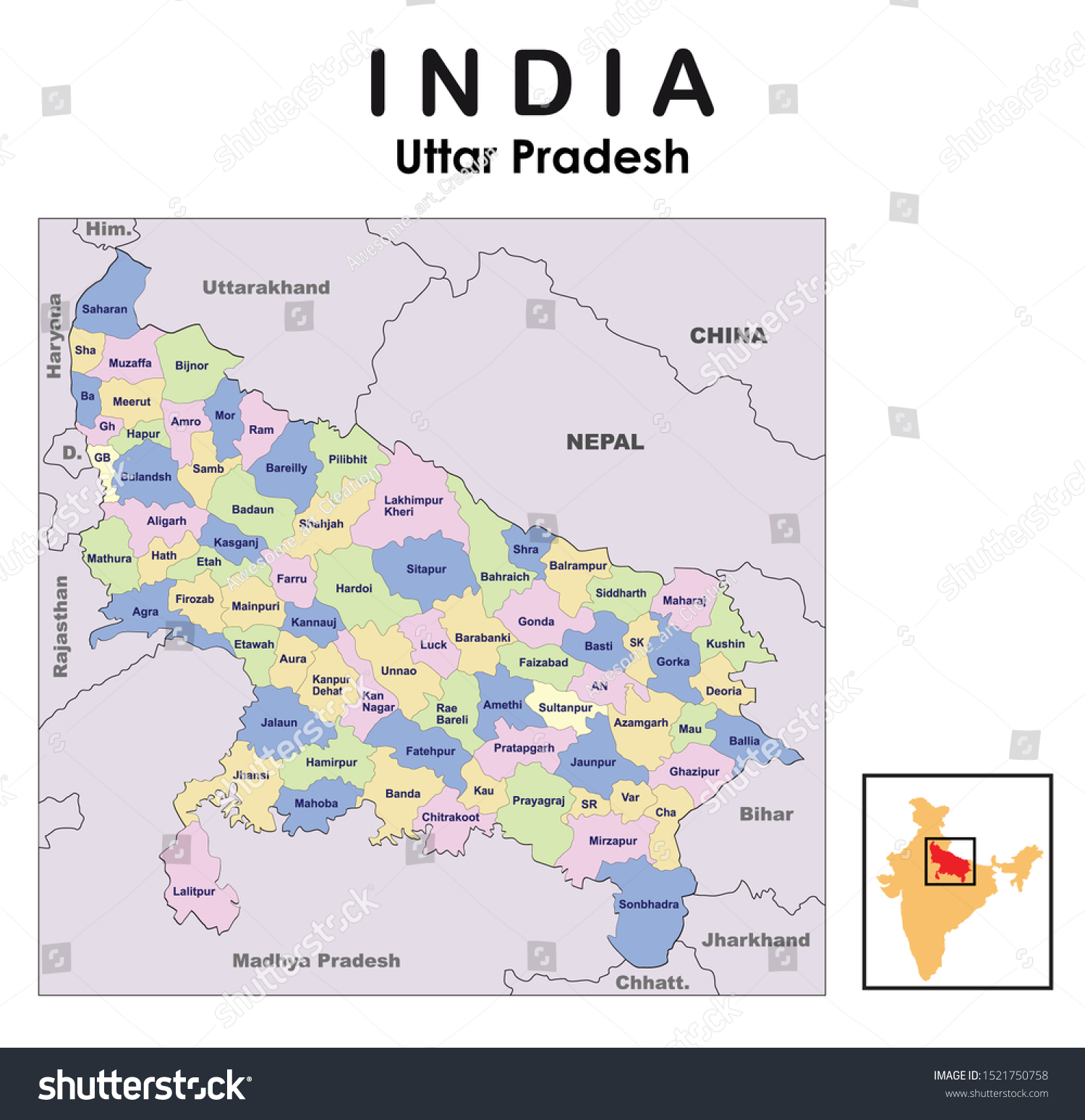 Vector Illustration Uttar Pradesh Map City Stock Vector (Royalty Free ...