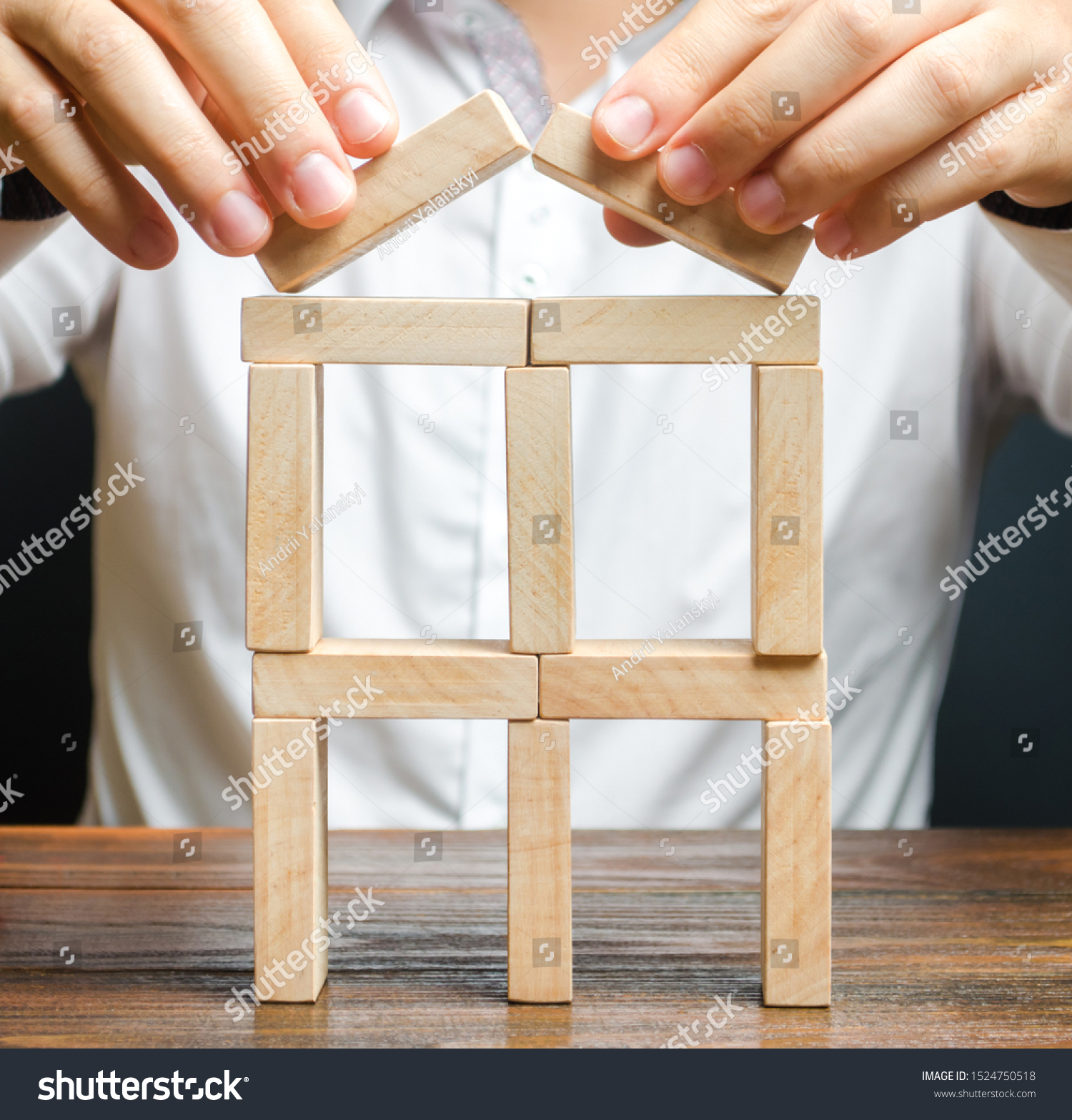 Man Completes Building Dominoes Expansion Development Stock Photo ...