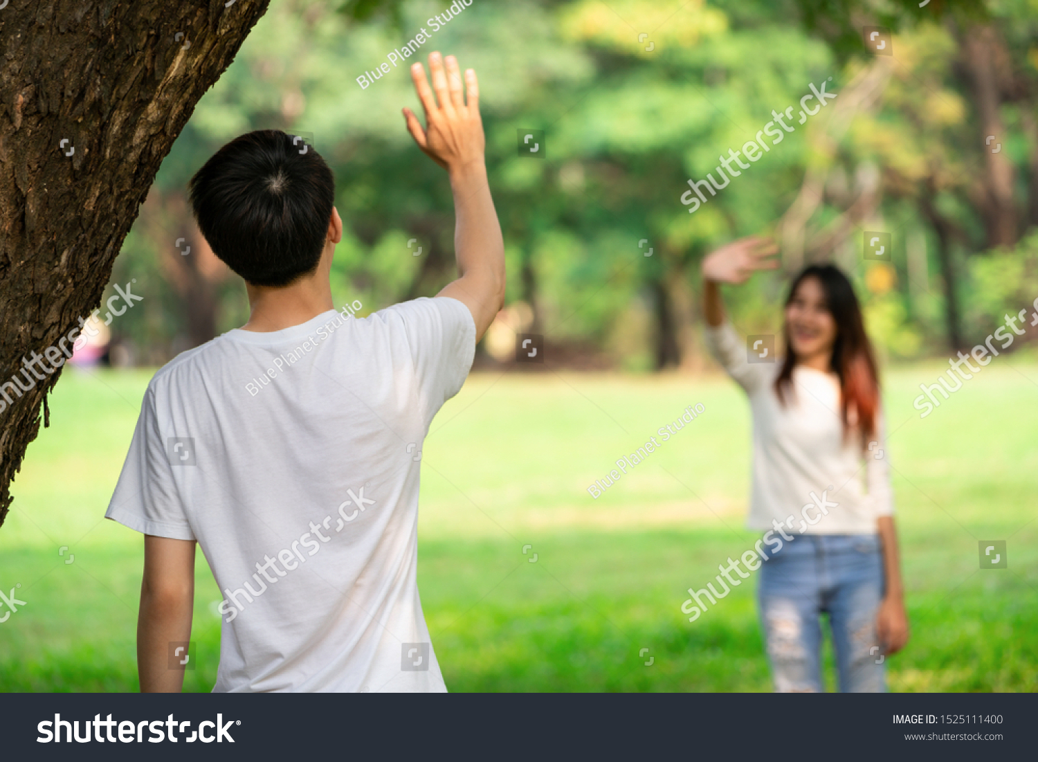 Young People Man Woman Greeting Saying Stock Photo 1525111400 ...