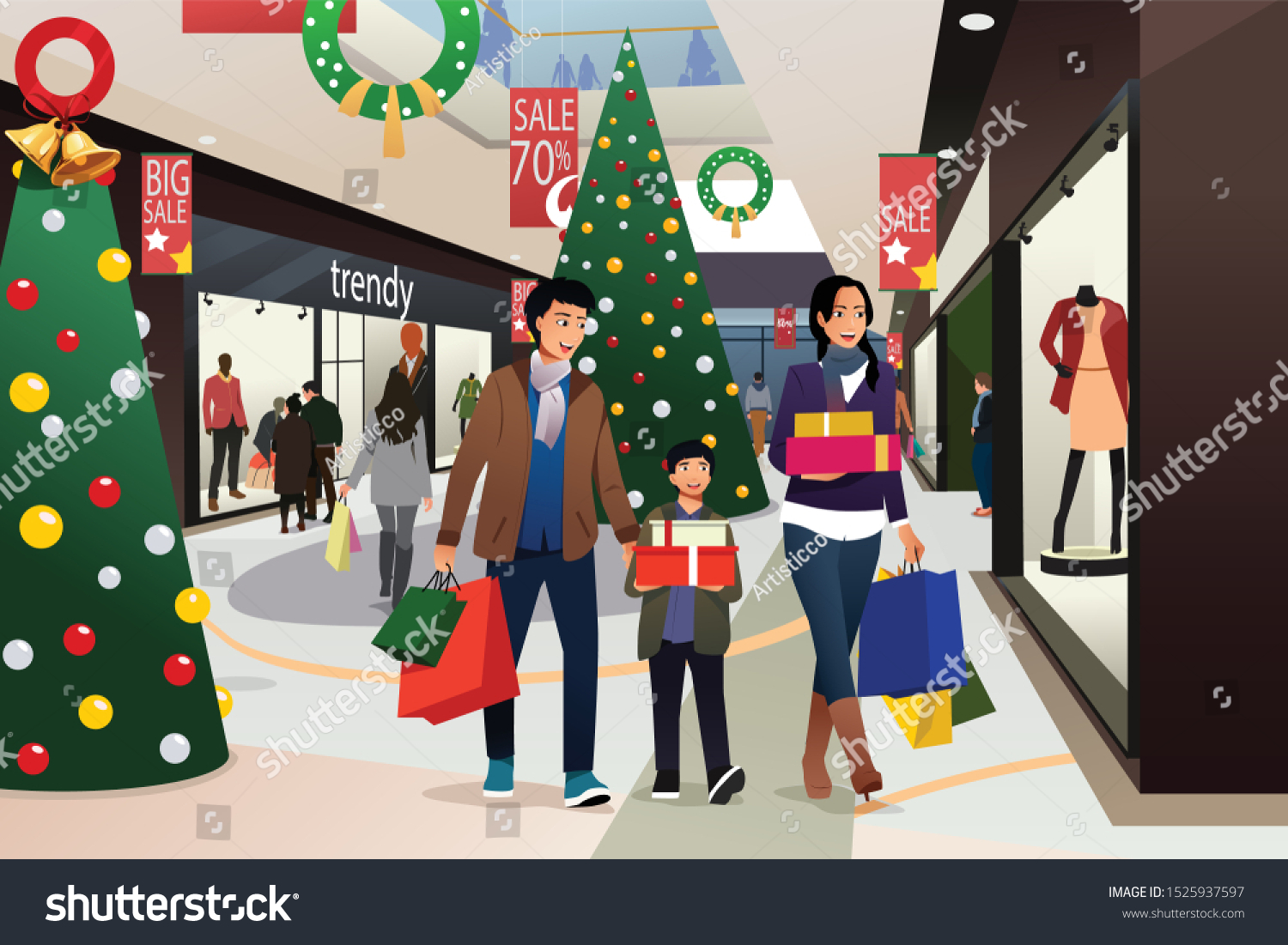 Vector Illustration Asian Family Going Shopping Stock Vector (Royalty ...