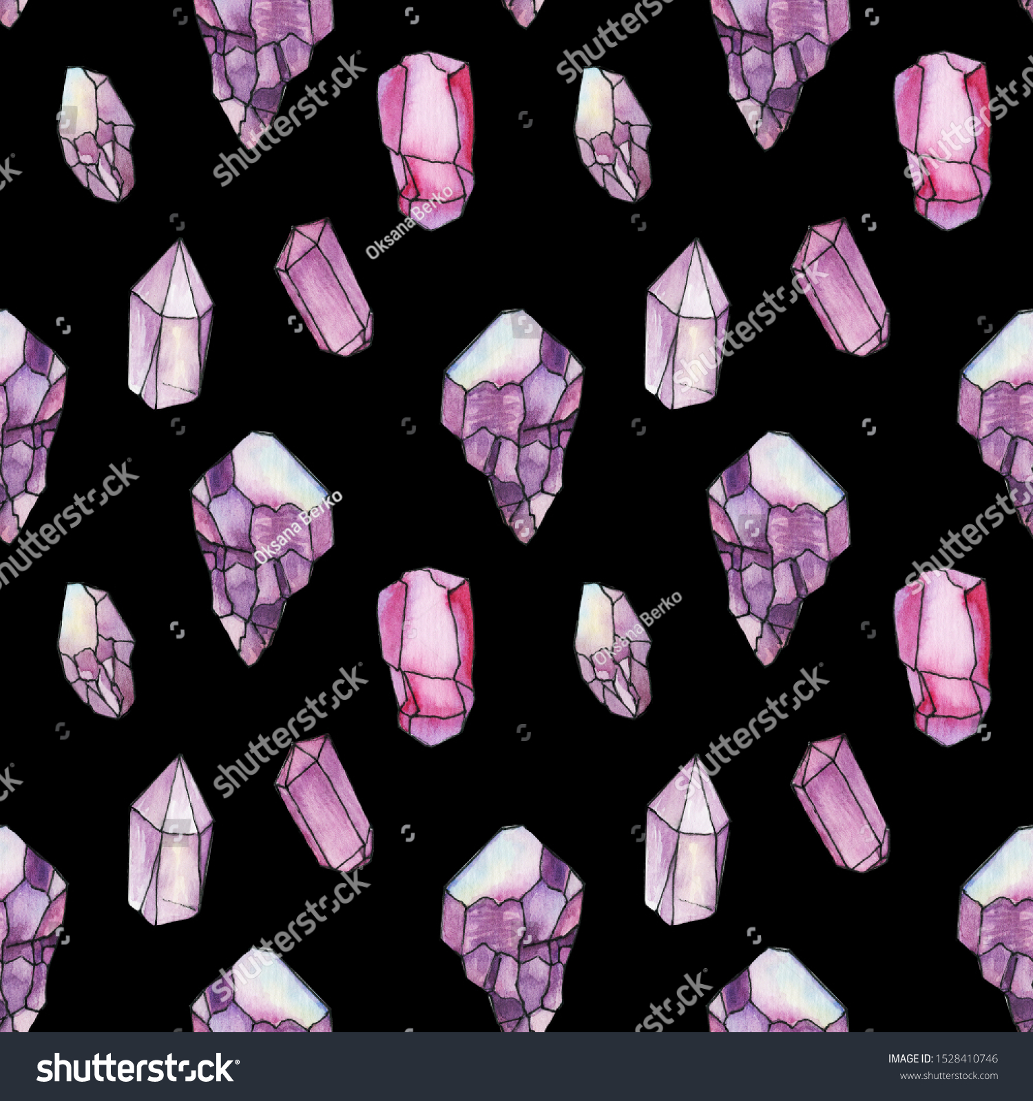 Watercolor Amethyst Crystals Seamless Pattern Concept Stock ...