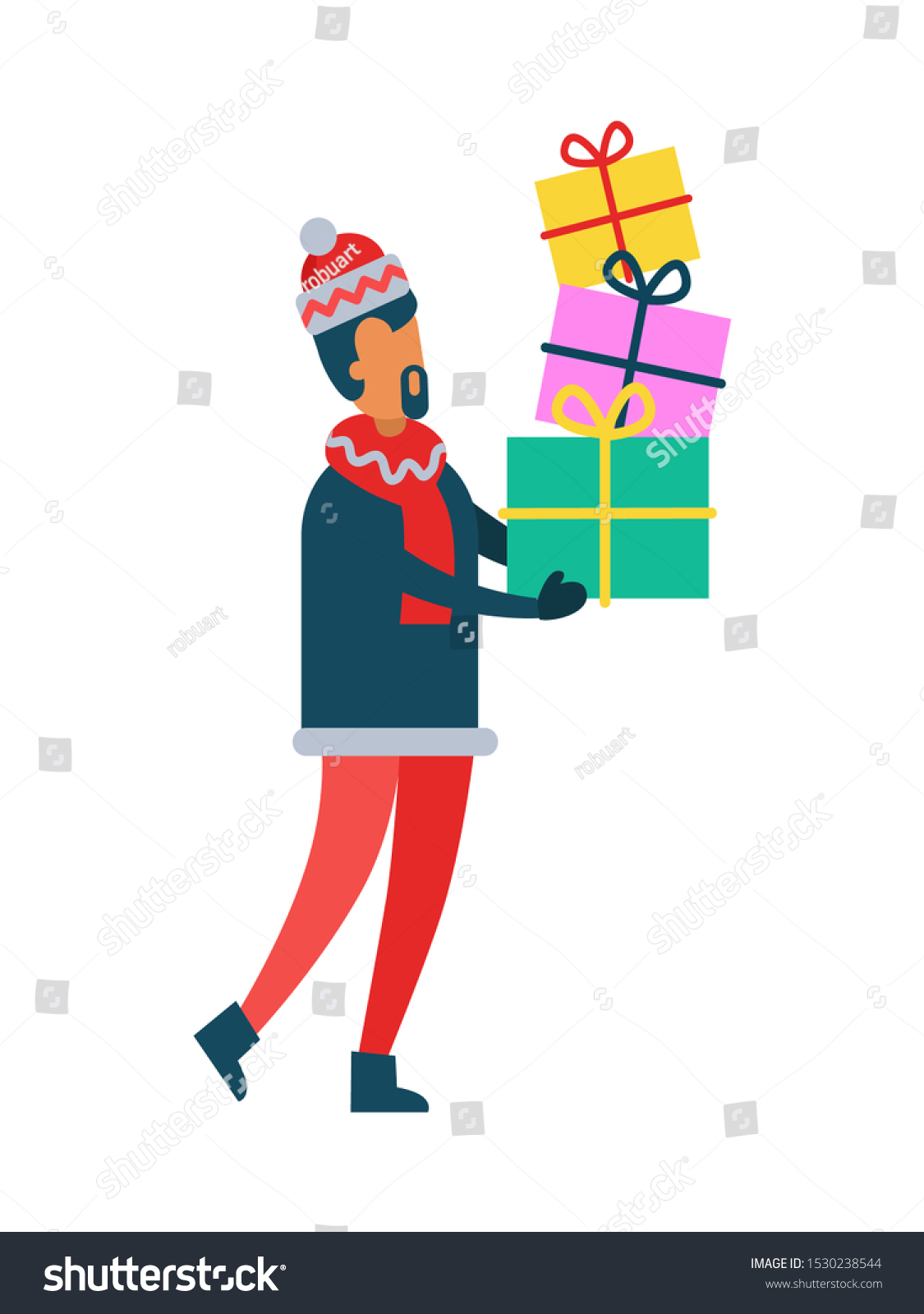 Man Holding Christmas Presents Hands Piles Stock Illustration ...