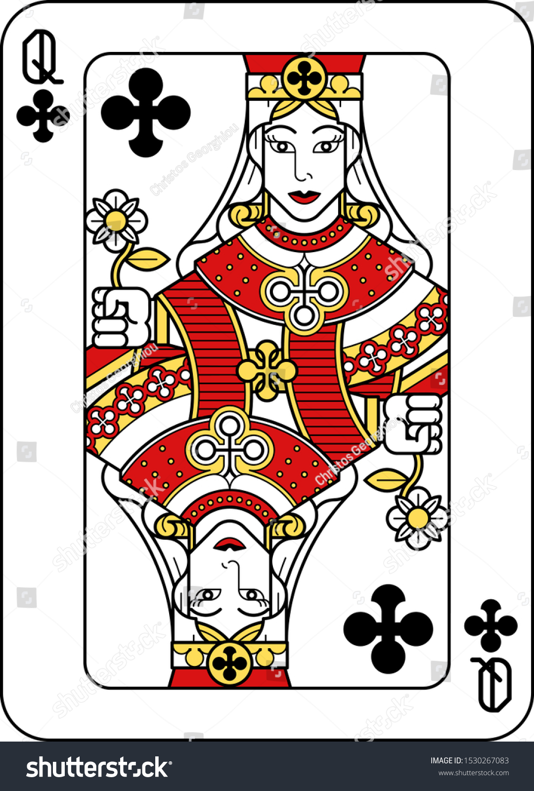 Playing Card Queen Clubs Red Yellow Stock Vector (Royalty Free ...