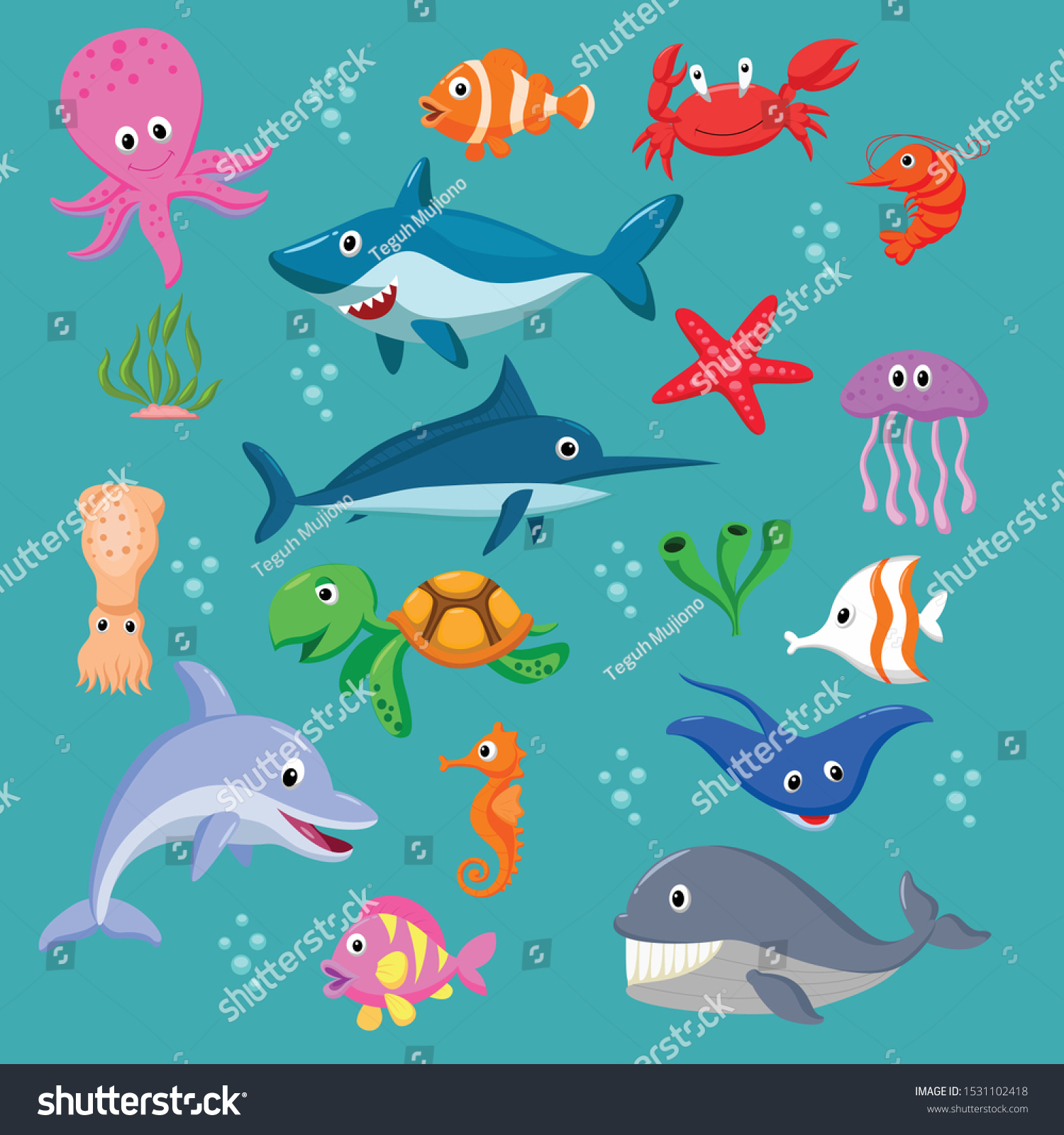 Set Cartoon Sea Animals Stock Vector (Royalty Free) 1531102418 ...