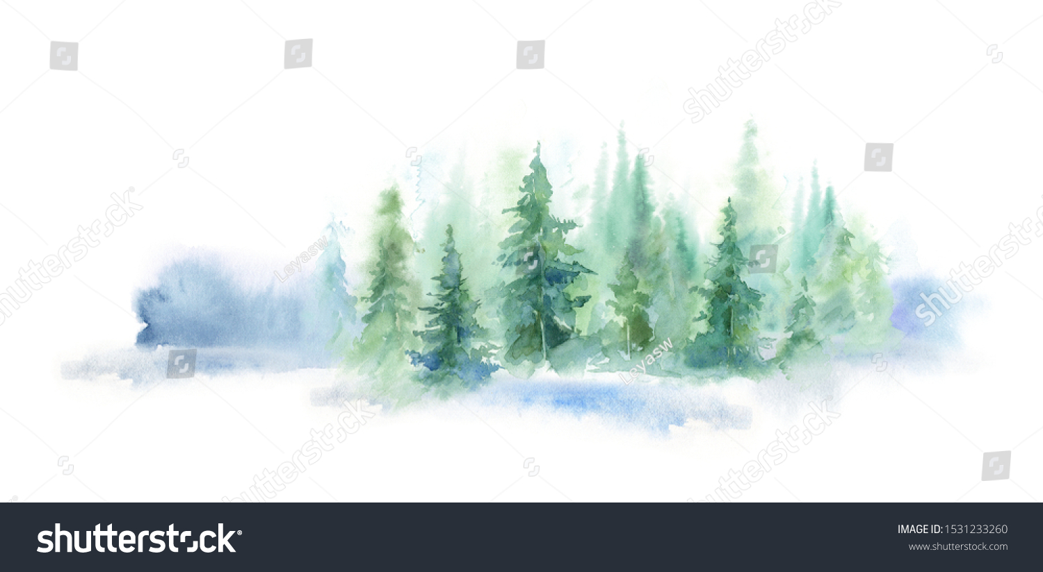 Watercolor Background Drawn Landscape Foggy Forest Stock Illustration ...