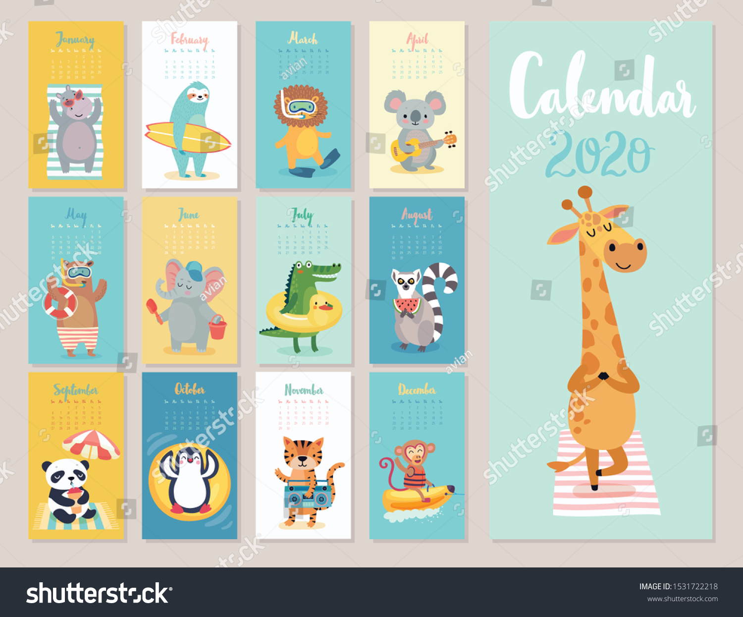 Calendar 2020 Cute Monthly Calendar Beach Stock Vector (Royalty Free ...