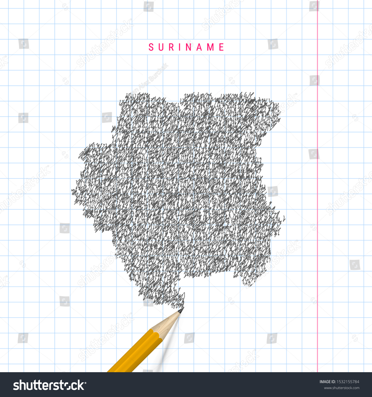 Suriname Sketch Scribble Map Drawn On Stock Illustration 1532155784   Stock Photo Suriname Sketch Scribble Map Drawn On Checkered School Notebook Paper Background 1532155784 