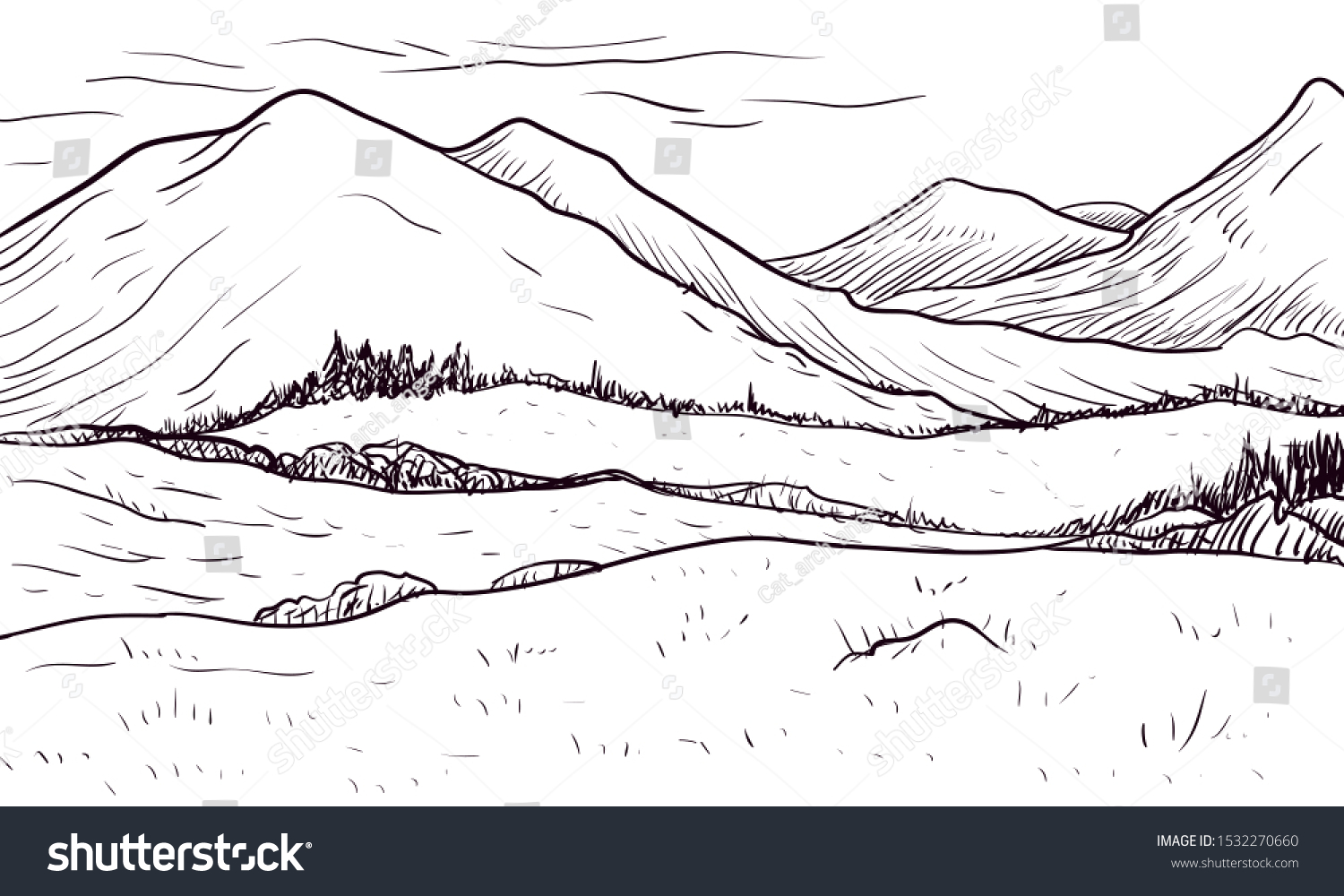 Abstract Monochrome Vector Sketch Landscape Mountains Stock Vector ...