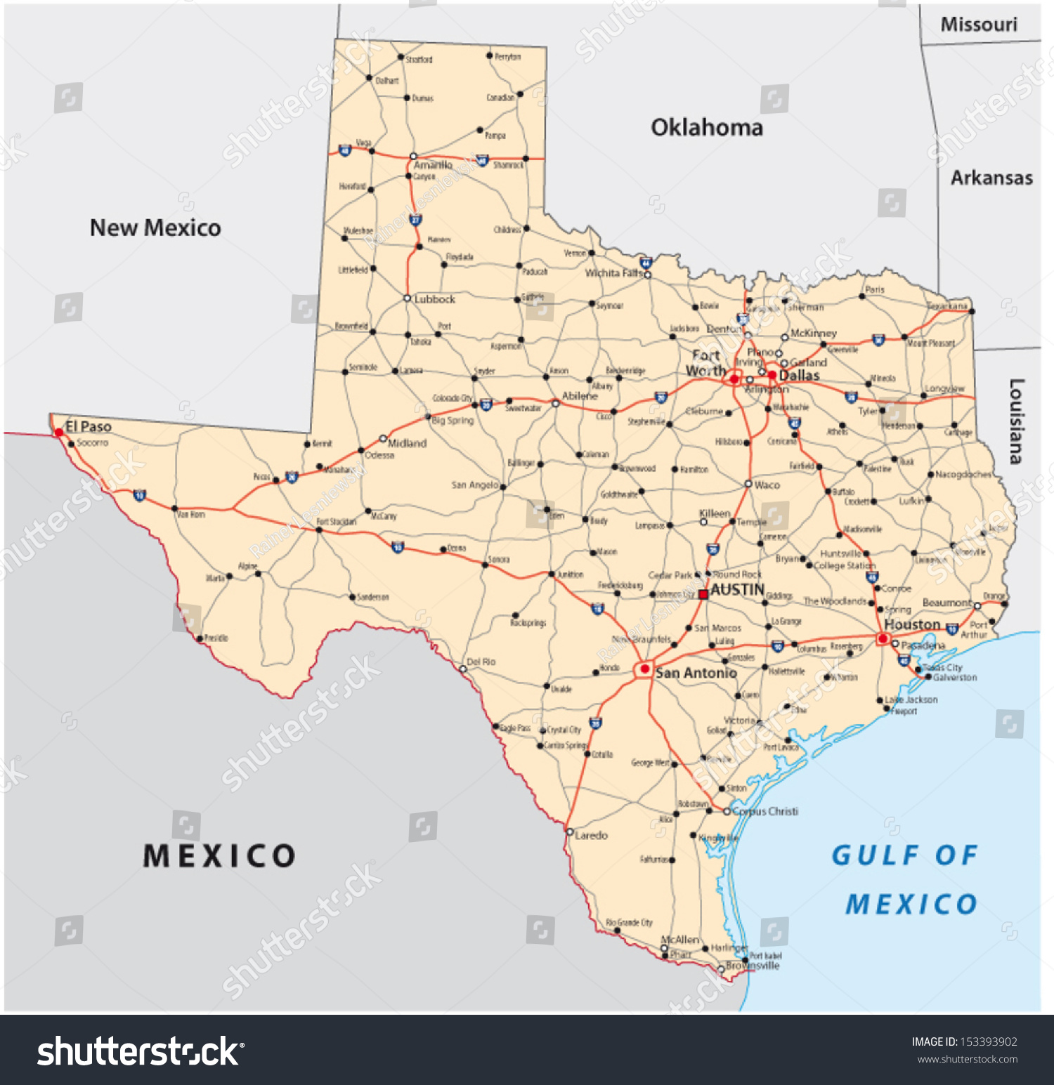 Texas Road Map Stock Vector (Royalty Free) 153393902 | Shutterstock