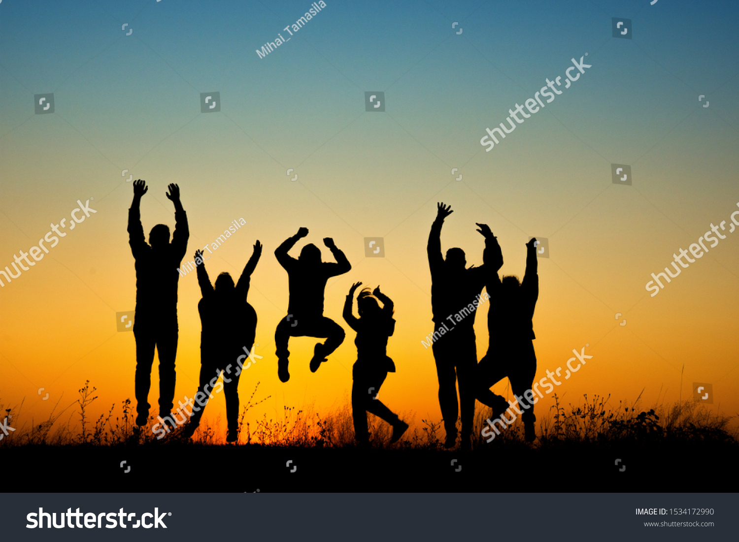 Happy People Silhouette Jumping Sunset Stock Photo 1534172990 ...