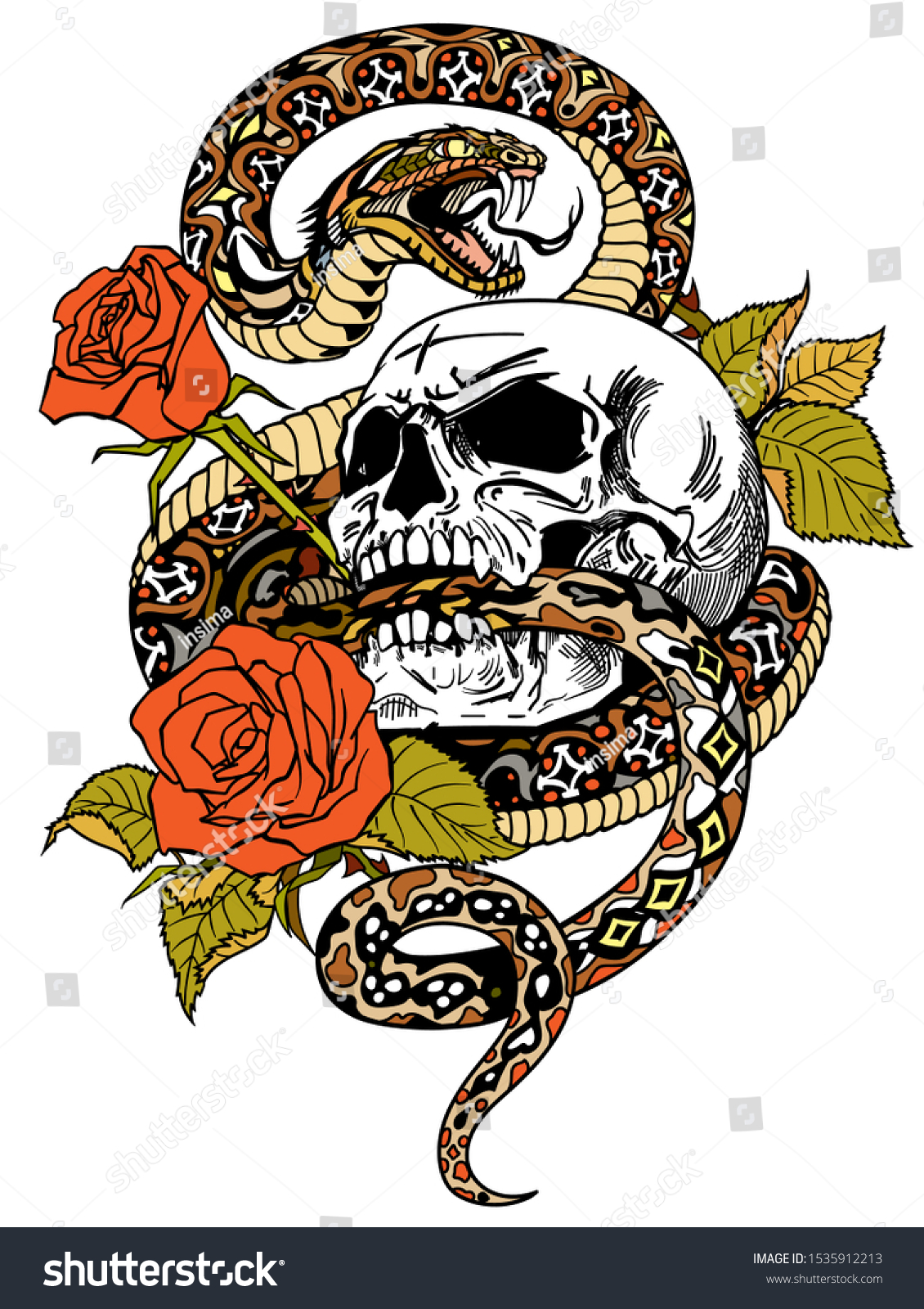 Snake Coiled Round Human Skull Roses Stock Vector (Royalty Free ...