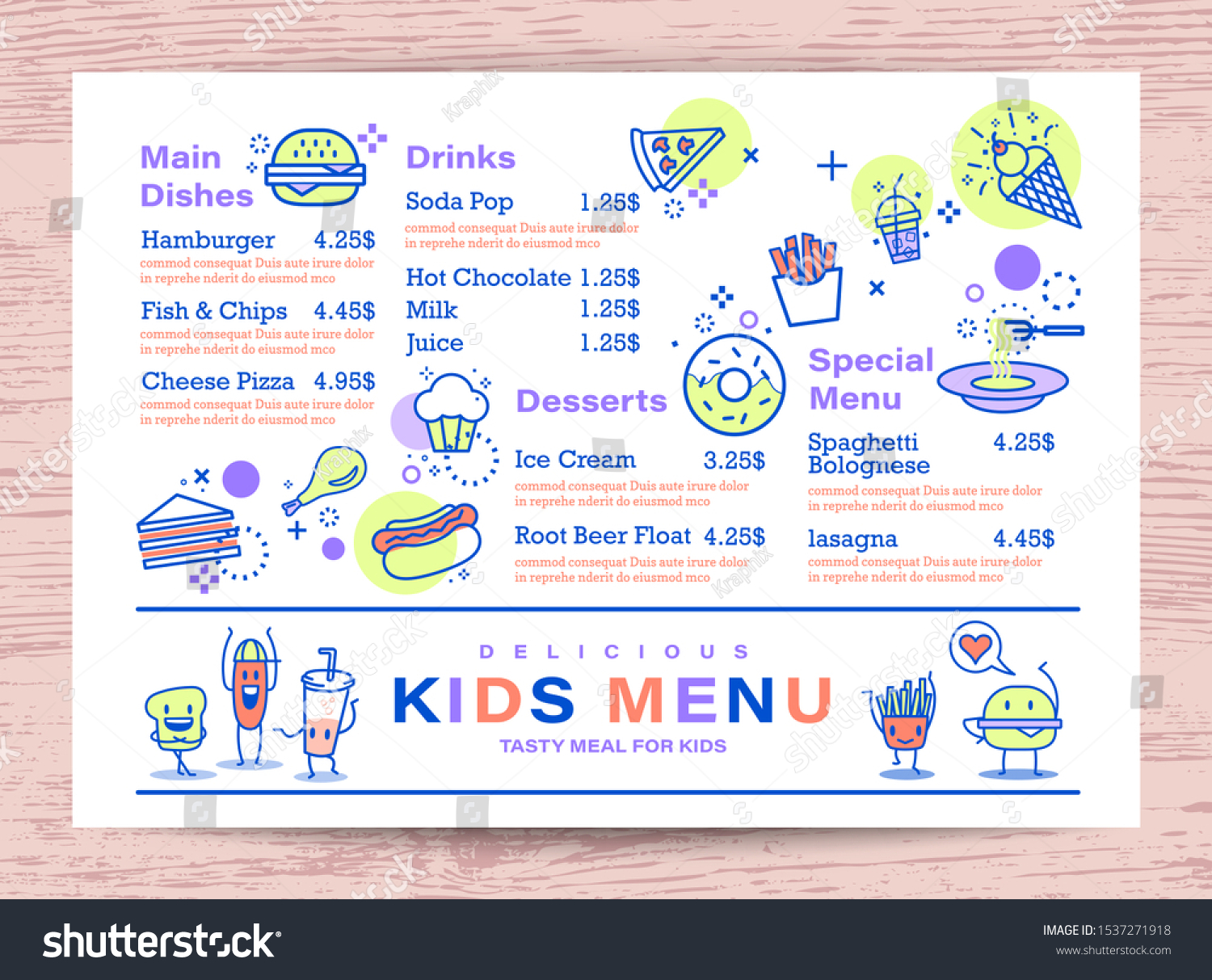 Cute Colorful Kids Meal Menu Place Stock Vector (Royalty Free ...