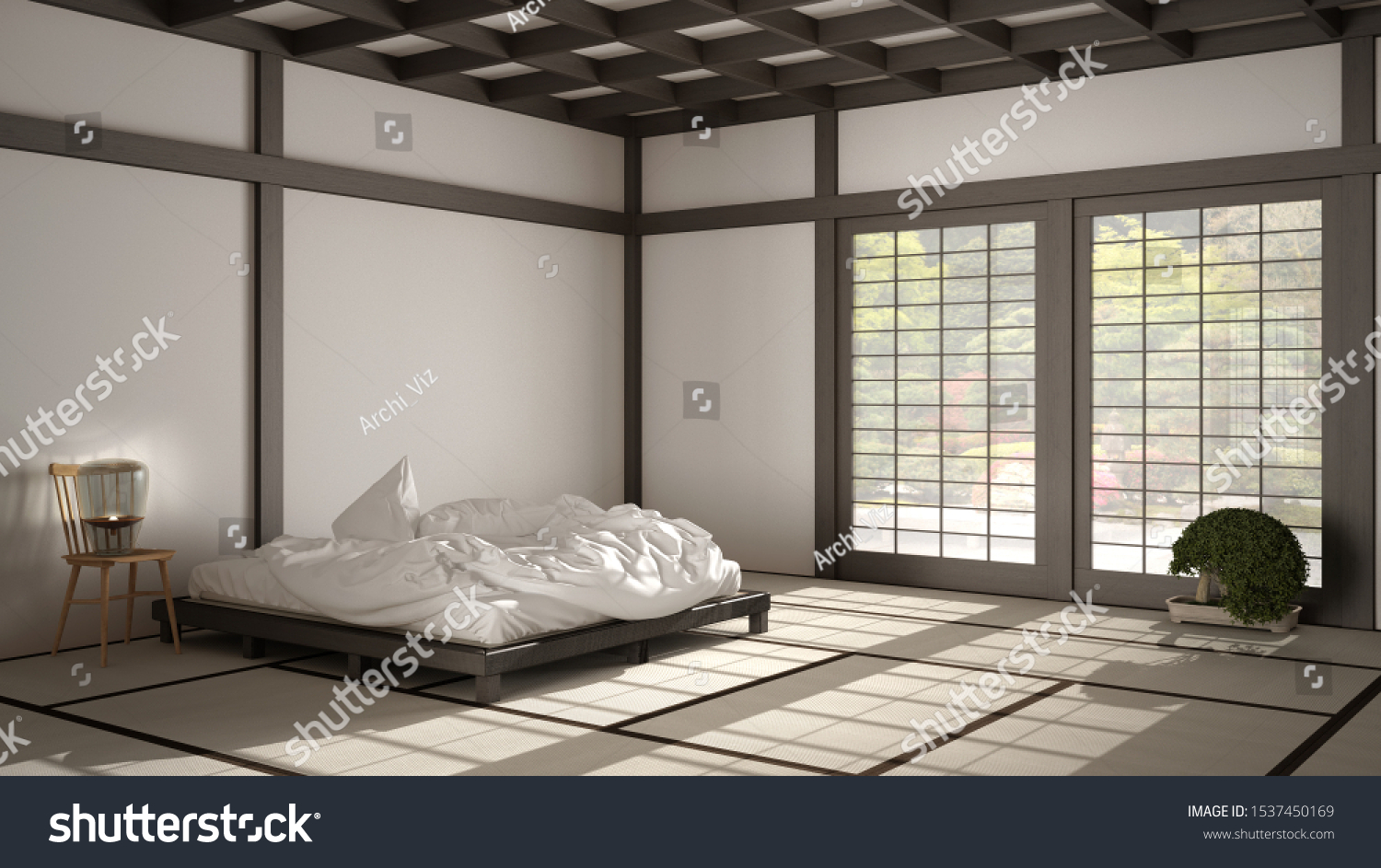 Zen Japanese Empty Minimalist Bedroom Wooden Stock Illustration ...