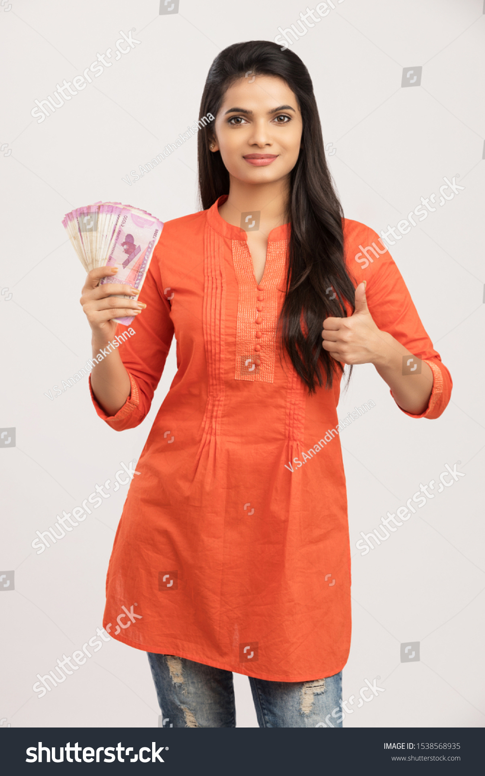 Beautiful Indian Woman Holding Indian Currency Stock Photo 1538568935 ...