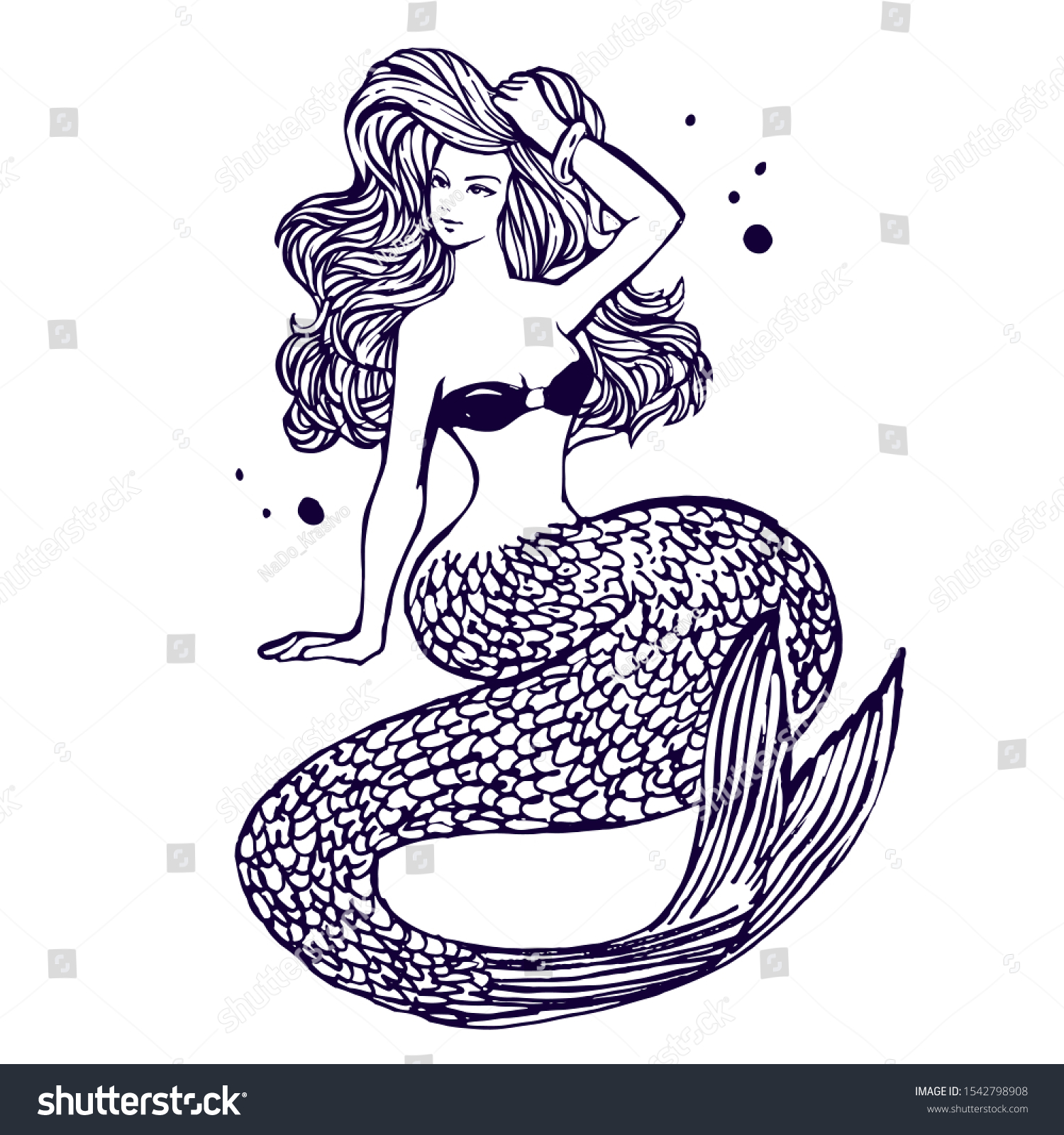 Beautiful Mermaid Long Hair Line Art Stock Vector (Royalty Free ...