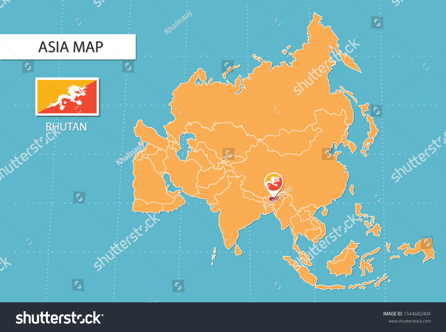 Bhutan On Asia Map Bhutan Map Asia Icons Showing Bhutan Stock Vector (Royalty Free) 1544682404  | Shutterstock