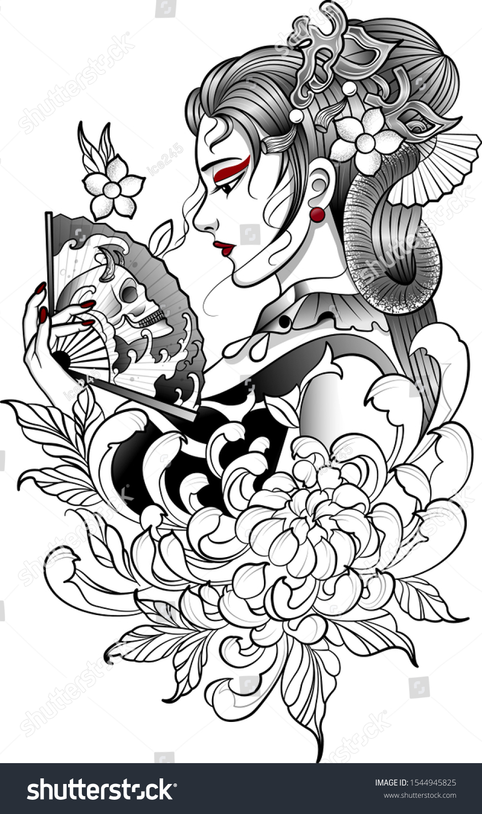 geisha fan japanese demon tattoo