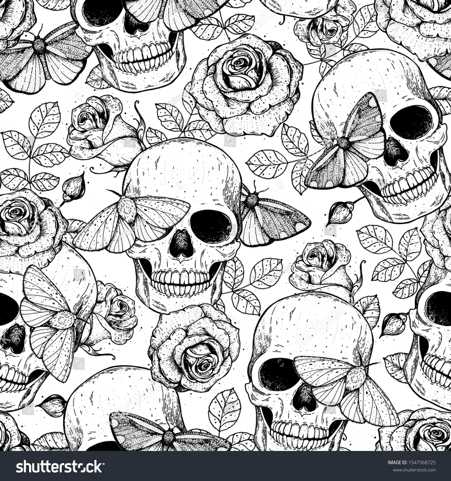 Skull Butterfly Roses Seamless Pattern Hand Stock Vector (Royalty Free ...