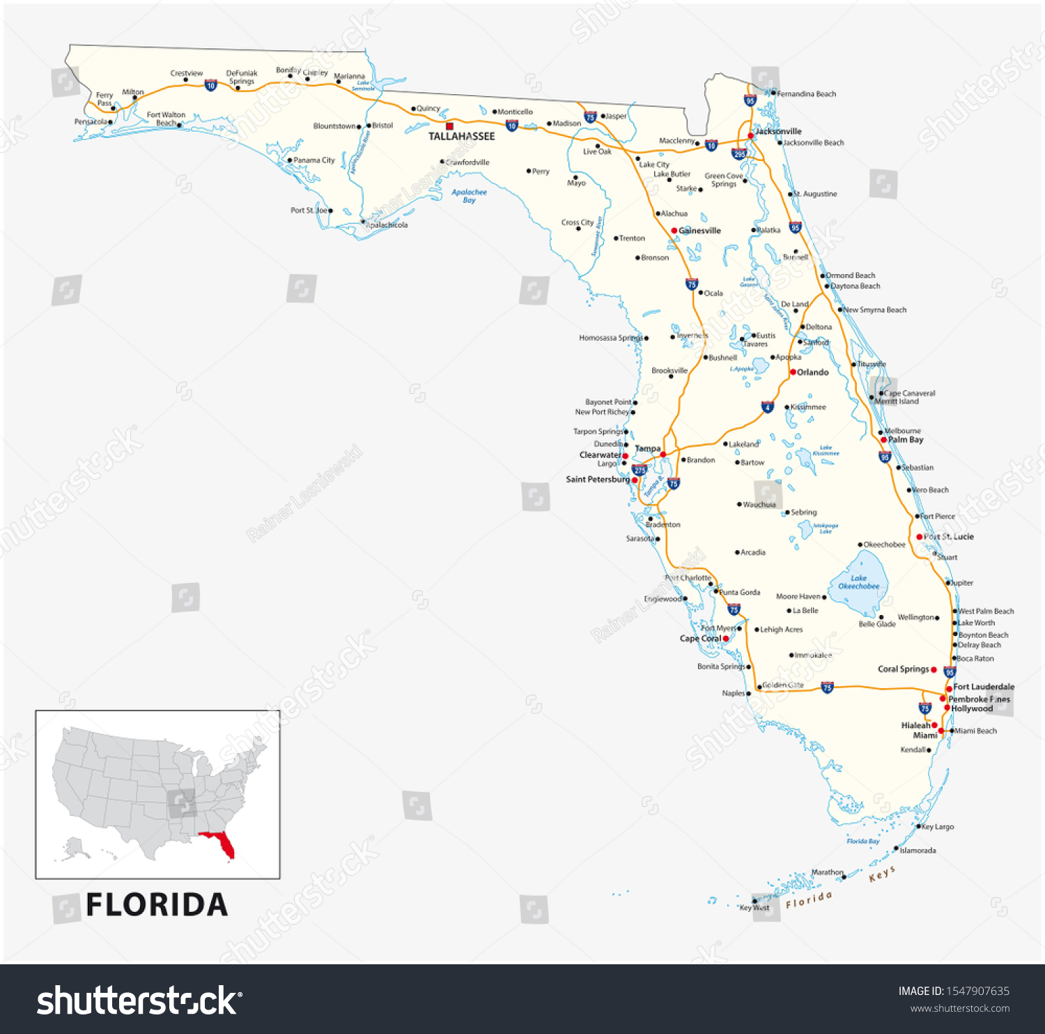 Road Map Us American State Florida Stock Illustration 1547907635 ...