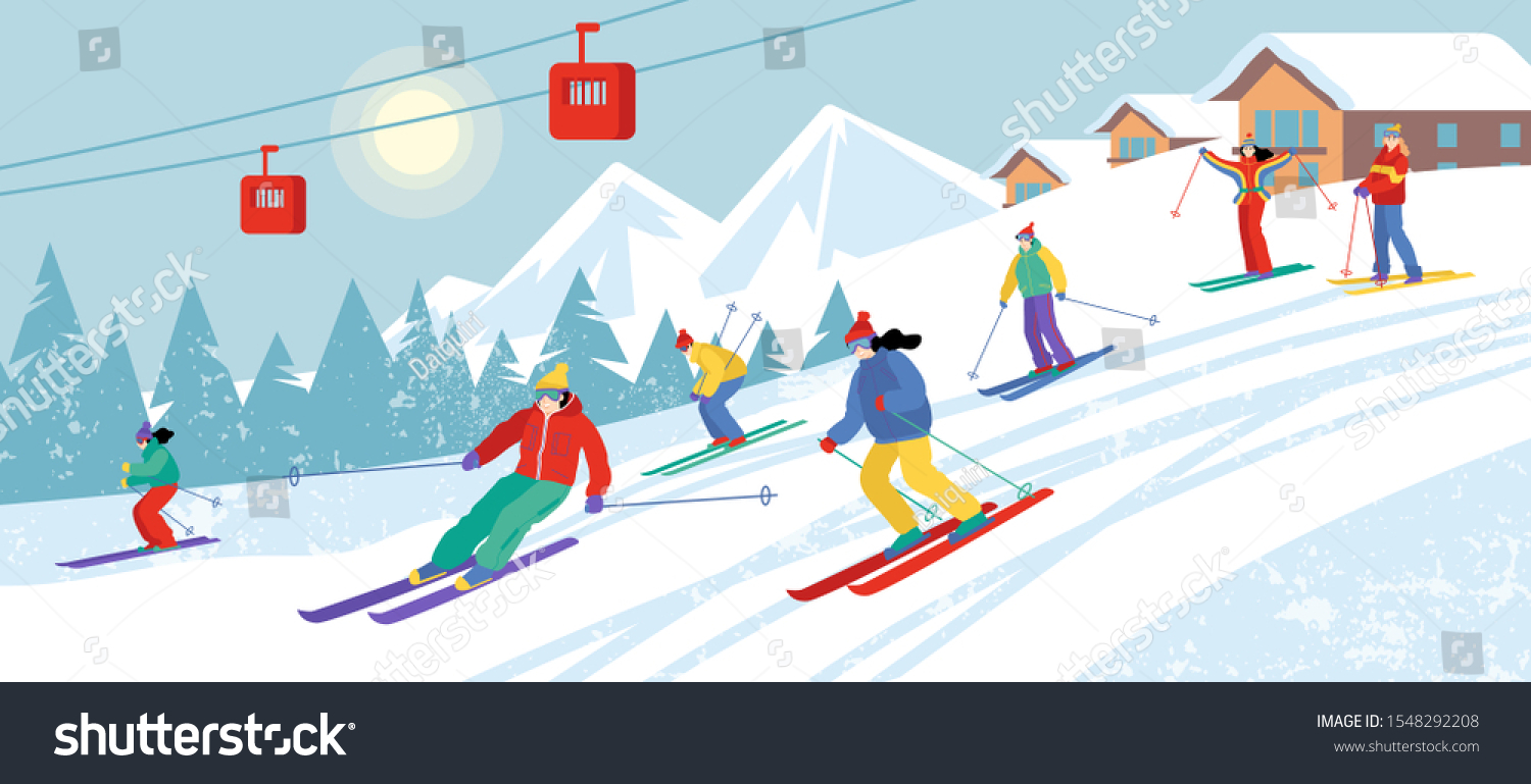 Group Cartoon People Skiing Downhill Skiers Stock Vector (Royalty Free ...