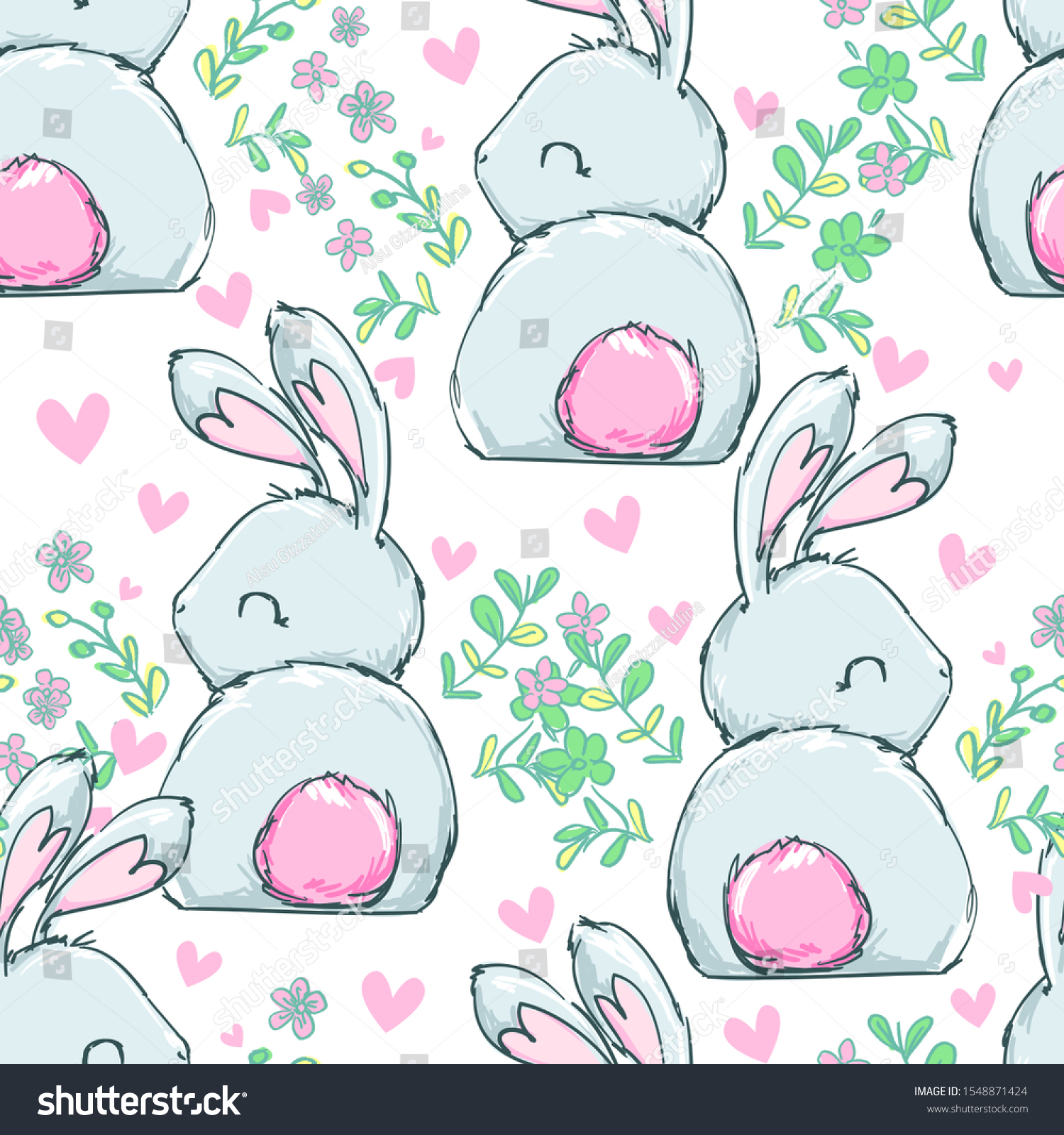 Rabbit Pink Tail Sits Flowers Heart Stock Vector (Royalty Free ...