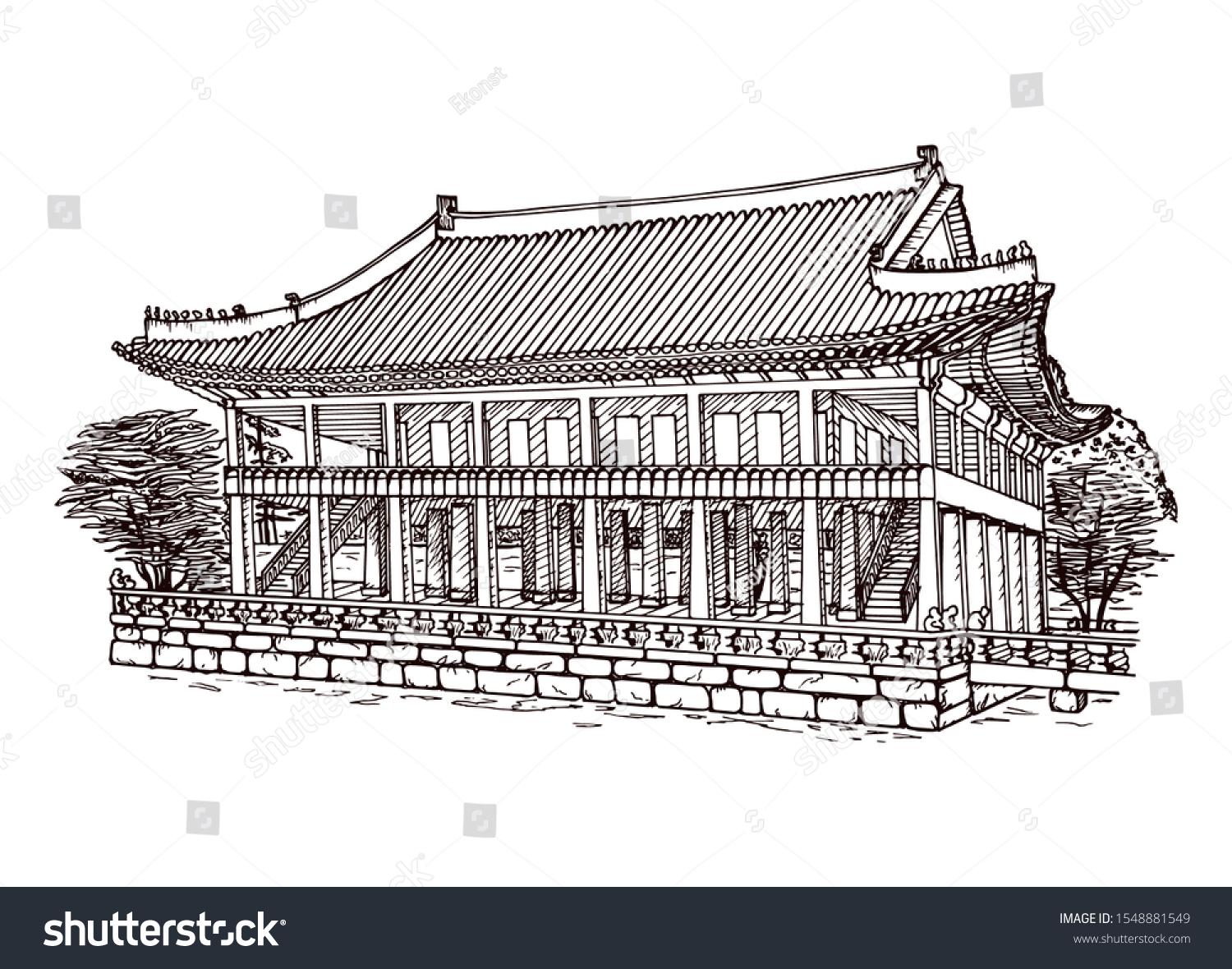 Vector Sketch Korean Traditional Palace Hand Stock Vector (Royalty Free ...