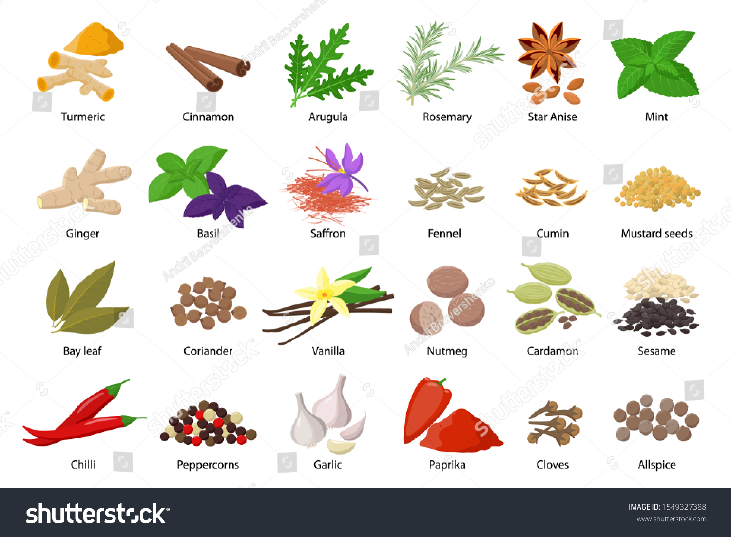 Large Set Spices Vector Illustrations Flat Stock Vector Royalty Free