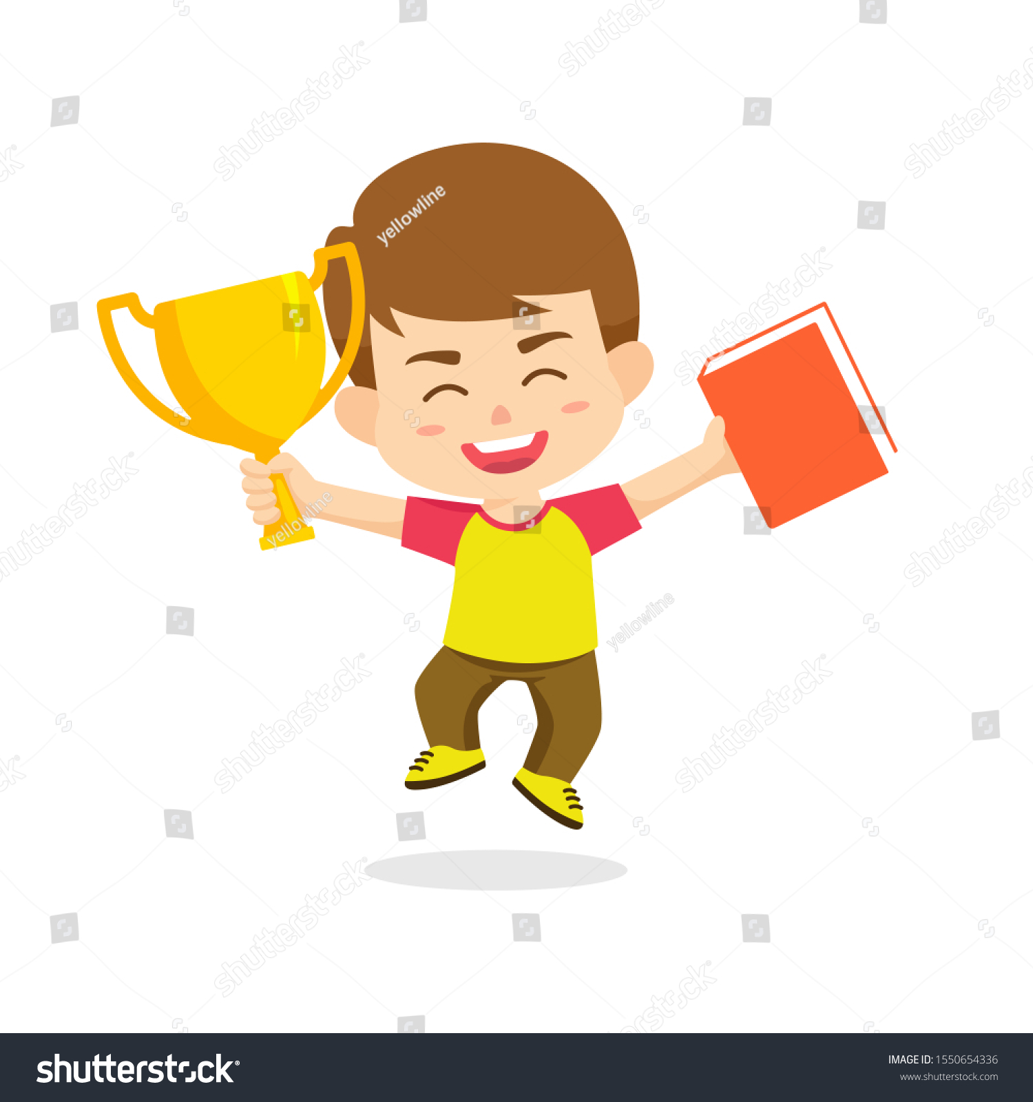 Boy Kids Celebrating Rising Trophy Book Stock Vector (Royalty Free ...