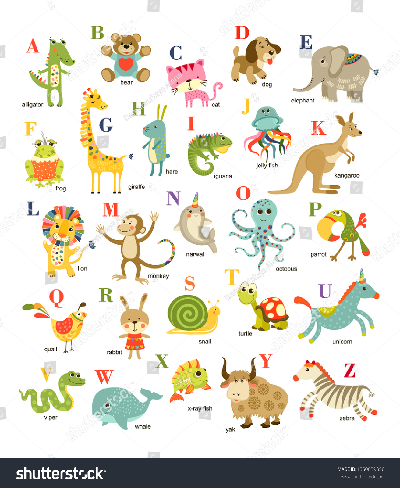 Cute Vector Cartoon Baby Animals Alphabet Stock Vector (Royalty Free ...