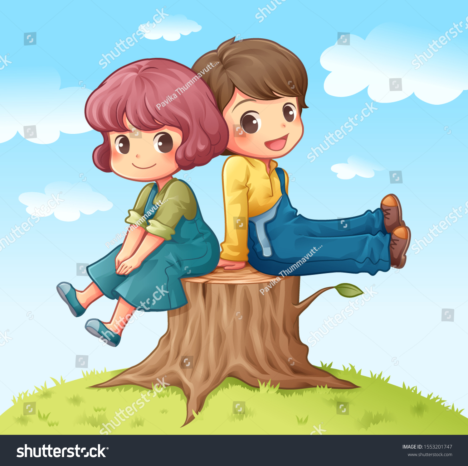 girl sitting against tree cartoon