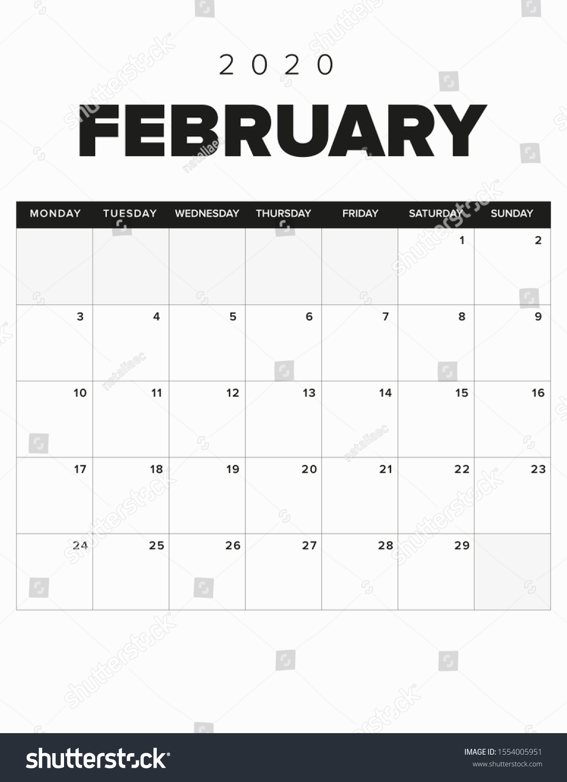 Minimal Calendar Black White February Stock Vector (Royalty Free