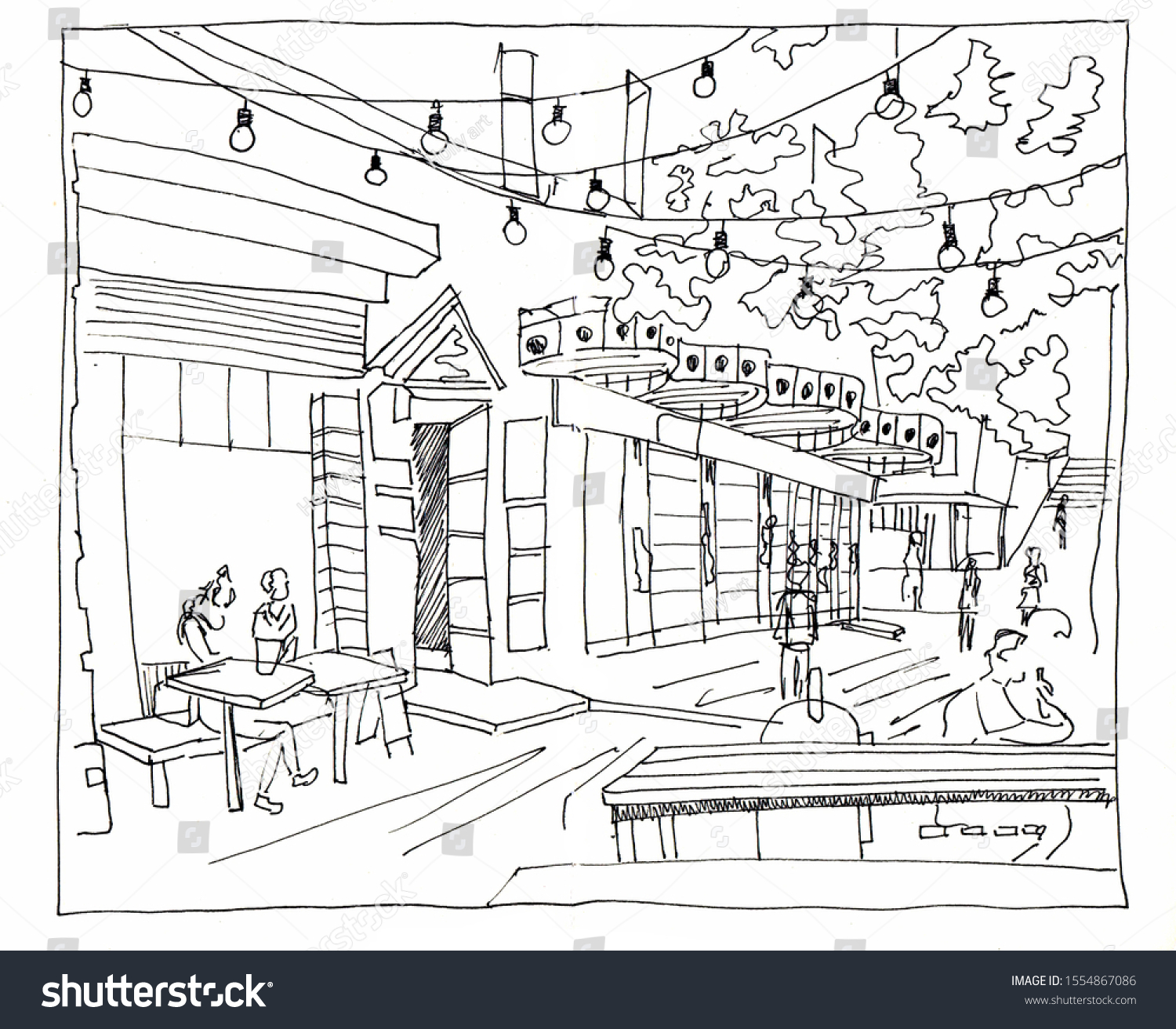 Sketch Street Shops Buildings Hand Draw: ภาพประกอบสต็อก 1554867086 ...