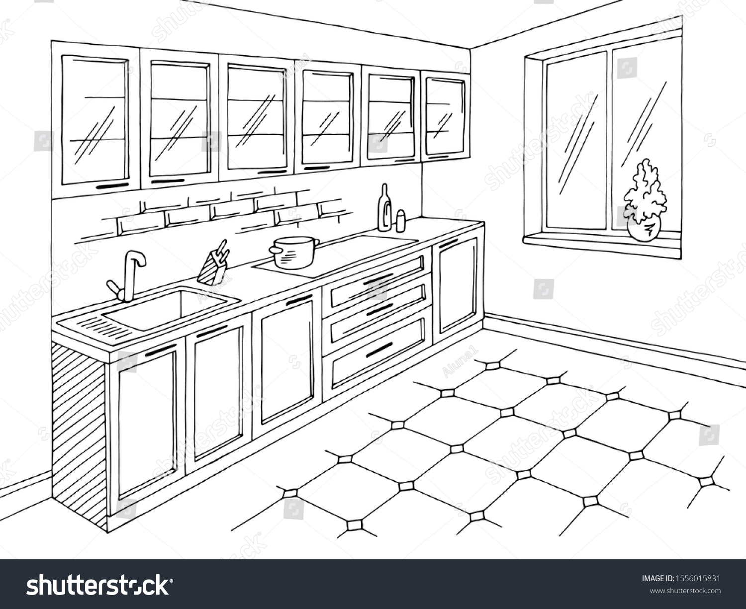 Kitchen Room Graphic Black White Home Stock Vector (Royalty Free ...