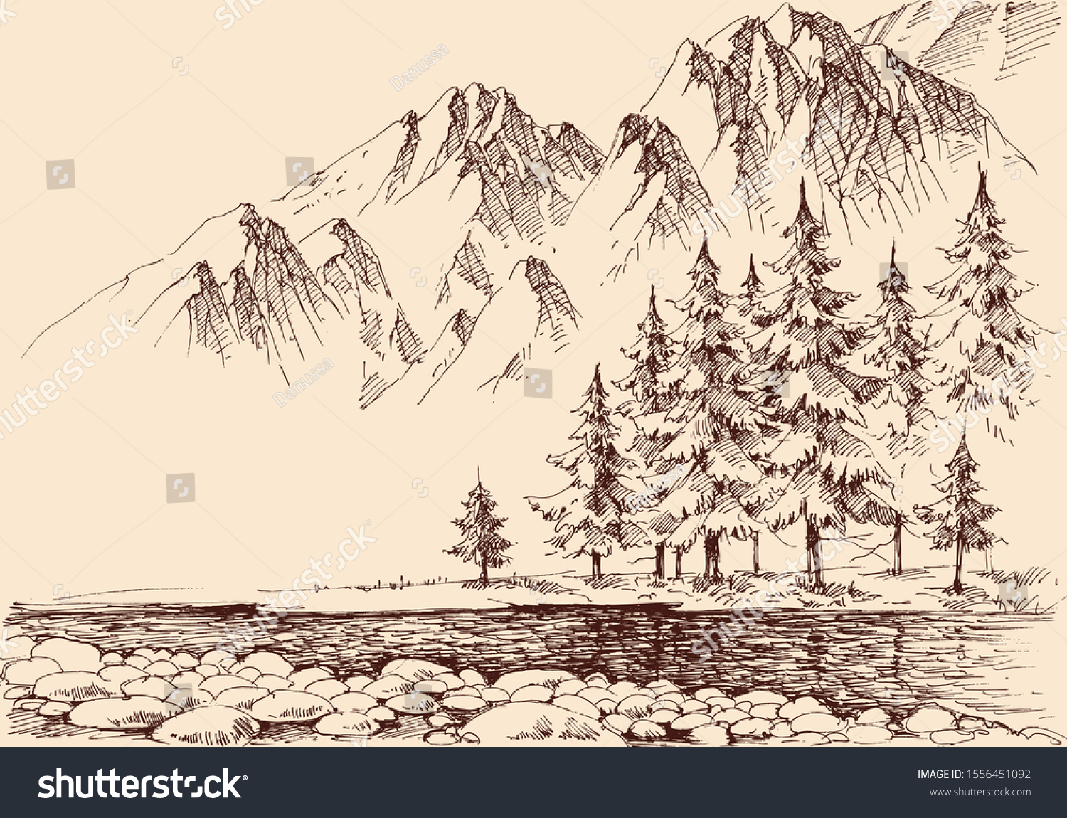 River Flow Mountains Pine Trees Forest Stock Vector (Royalty Free ...