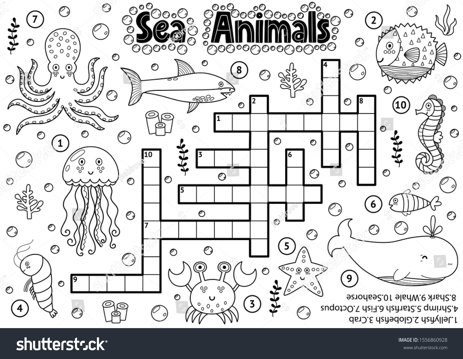 Black White Crossword Sea Animals Coloring Stock Vector ...